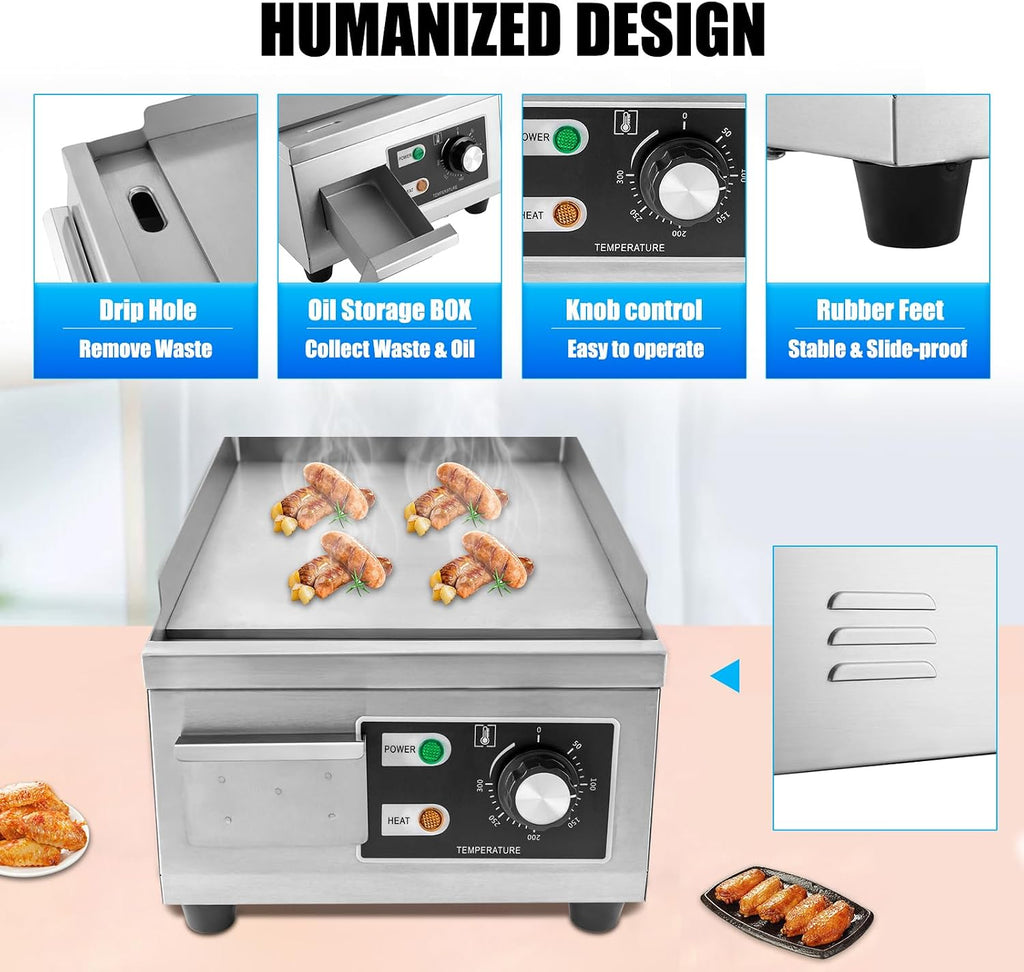 Commercial Griddle, Countertop Griddle Non-Stick, Stainless Steel Electric Flat Top Grill for Restaurant Kitchen, 110V 1300W
