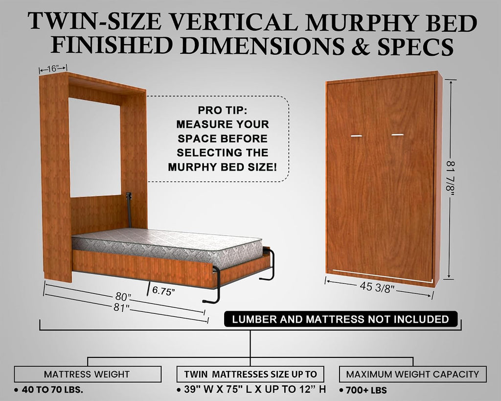 Twin (Single) Size DIY Murphy Bed Hardware Kit – Vertical Wall Bed Space-Saving – Made in USA – Space Saving Fold Away Hideaway Bed with Bed Lift Mechanism