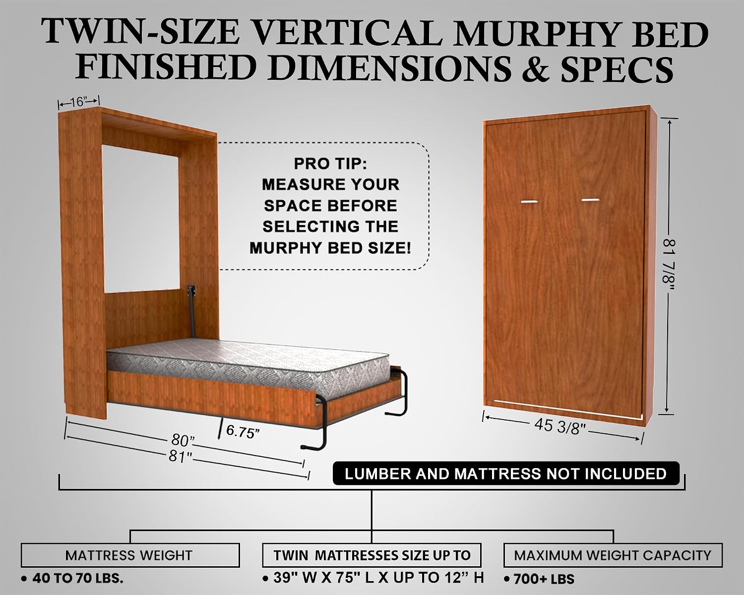 Twin (Single) Size DIY Murphy Bed Hardware Kit – Vertical Wall Bed Space-Saving – Made in USA – Space Saving Fold Away Hideaway Bed with Bed Lift Mechanism