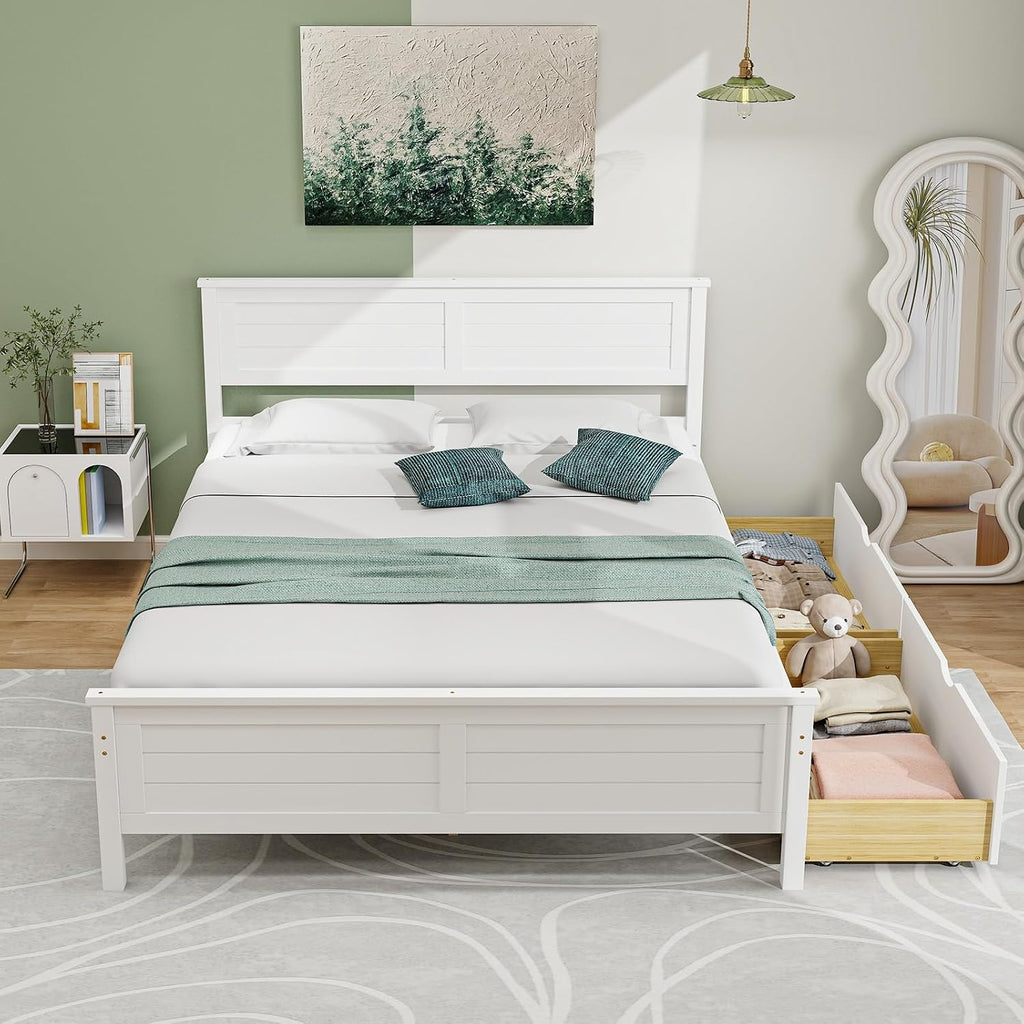 Giantex Wood Full Size Bed Frame with 2 Storage Drawers, Solid Wood Platform Bed with Headboard, Wooden Slats Mattress Foundation, No Spring Needed, Full Bed Frame for Kids, Teens, Adults, White