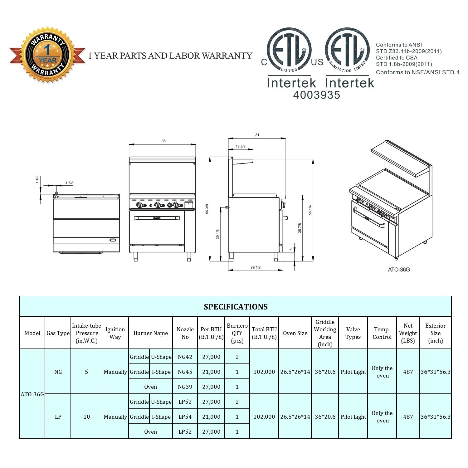 Atosa CookRite AGR-36G-NG 36' Griddle Gas Range with Full-Size Oven and Backsplash Grill/Roast | 36' x 20 5/8' Steel Plate / 1 Oven Burner | Heavy Duty Stainless Steel, 102,000 BTU, Natural Gas