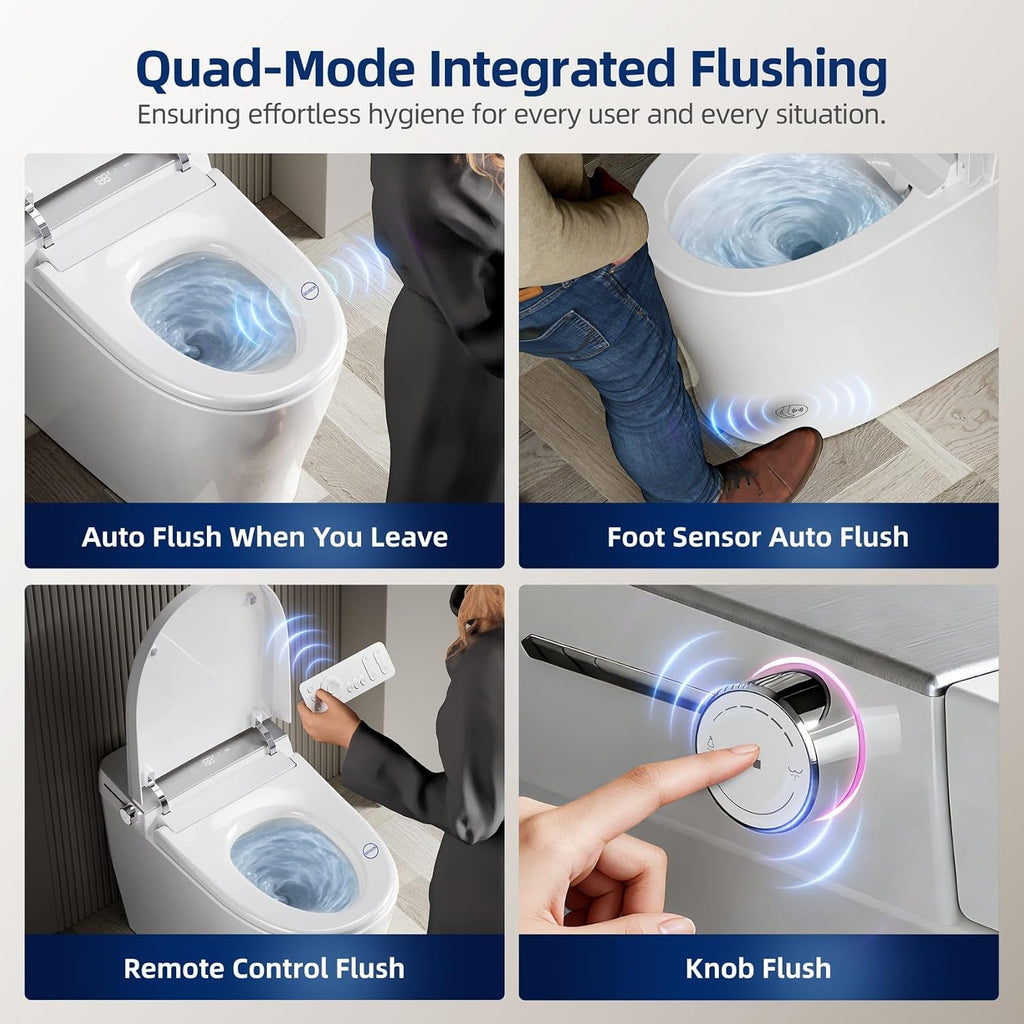 Commercial Grade Smart Toilet with Built-in Tank and Pump - 12' Rough-in, Low Water Pressure Solution, Heavy Duty Smart Bidet Toilet with Knob Control, Foot Sensor Flush, Blackout Flush