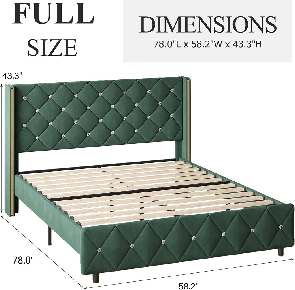 Lullabyre Full Size Bed Frame, Upholstered Bed Frame with Diamond Tufted Headboard, Modern Silverside Wingback, No Box Spring Needed, Easy Assembly, Green
