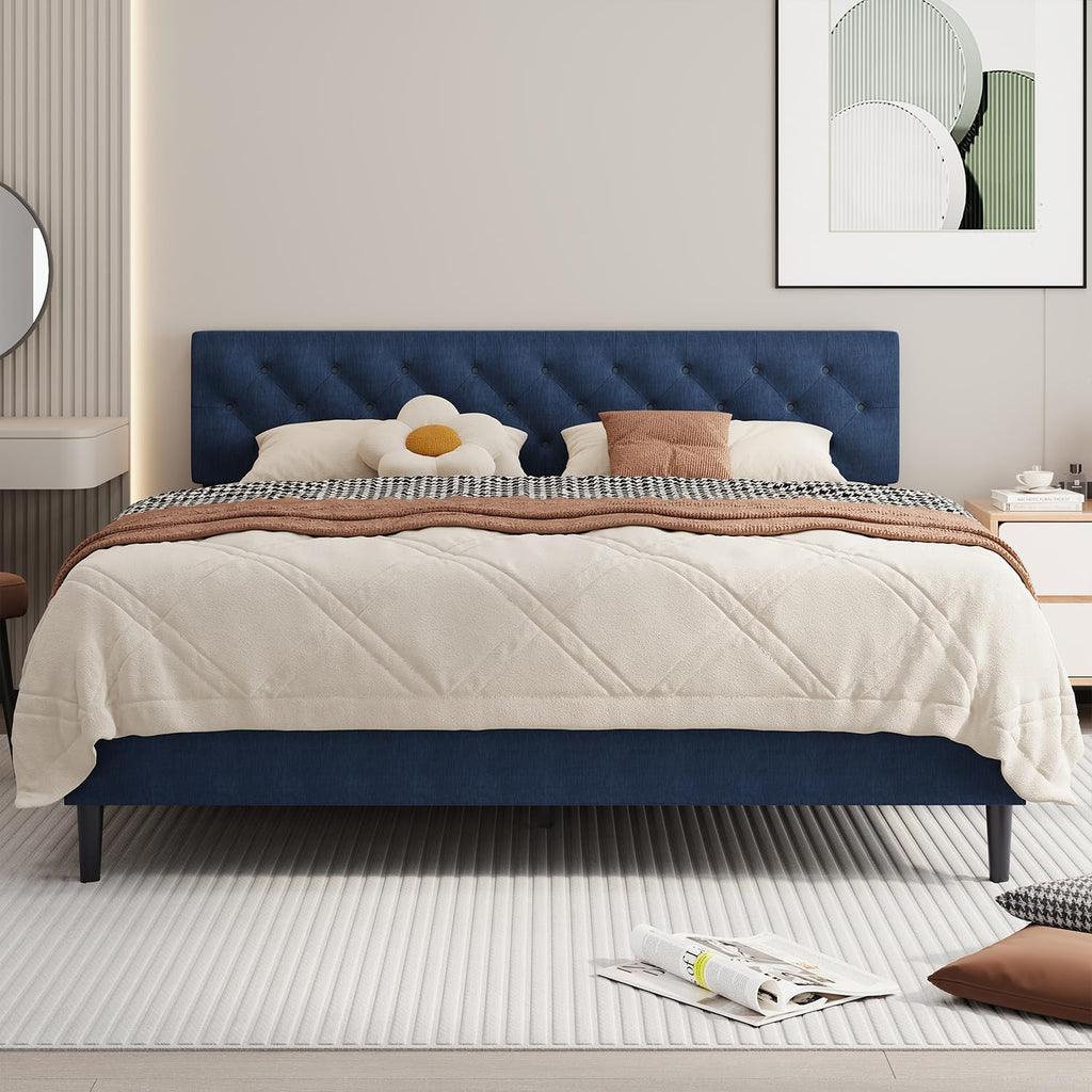 BarnFurin King Size Bed Frame, Upholstered Platform Bed Frame King with Button Tufted Headboard, Wooden Slats Support, No Box Spring Required, Easy Assembly, Navy Blue