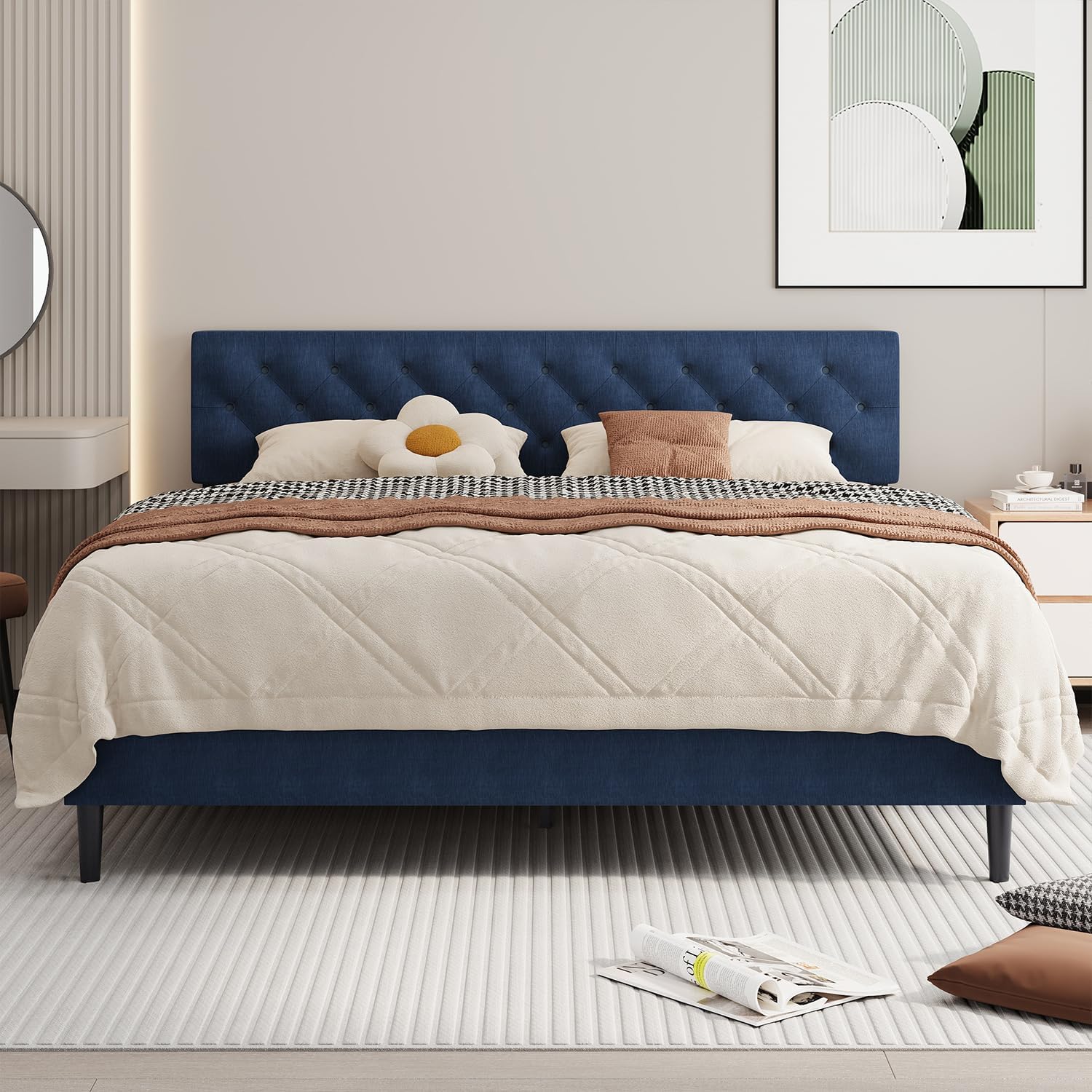 BarnFurin King Size Bed Frame, Upholstered Platform Bed Frame King with Button Tufted Headboard, Wooden Slats Support, No Box Spring Required, Easy Assembly, Navy Blue