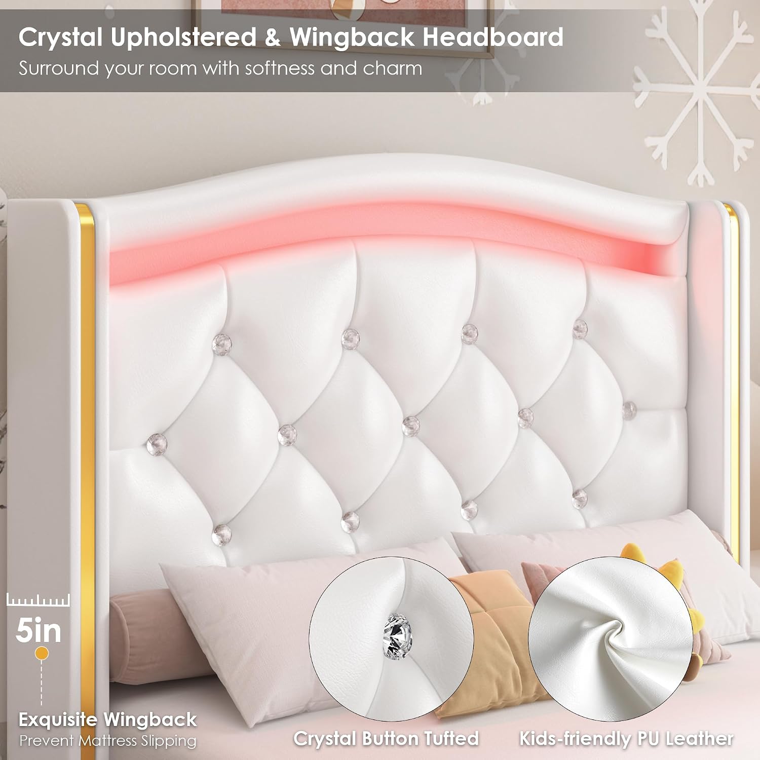 HIFIT Upholstered Twin LED Bed Frame with Crystal Button-Tufted Headboard & 4 Storage Drawer, Modern PU Princess Twin Size Platform Bed Frames for Kids/Girls, No Box Spring Needed/Easy Assembly, White