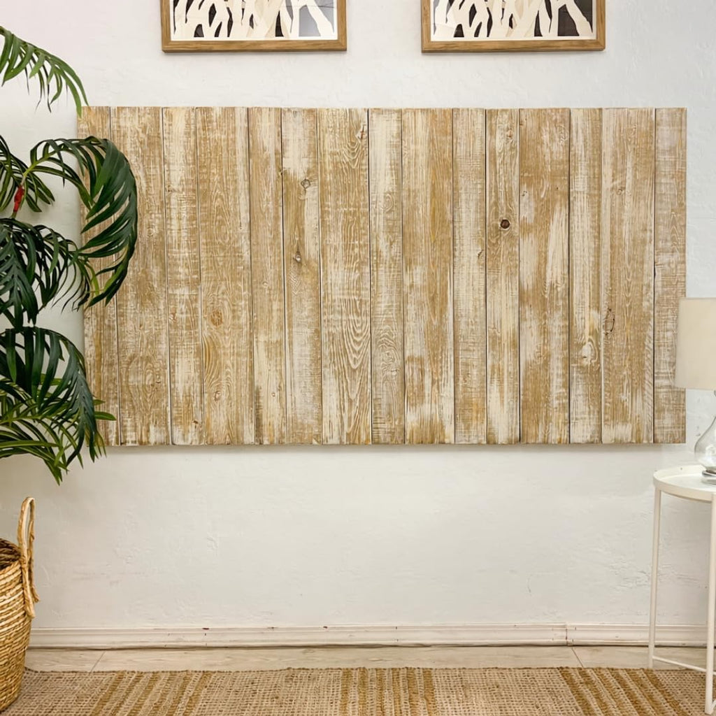 Barn Walls Boho Whitewash Headboard, Bohemian Design, Solid Wood Headboard, Floating Panels, Wall Mount, Adjustable Height, Easy Assembly, King Size