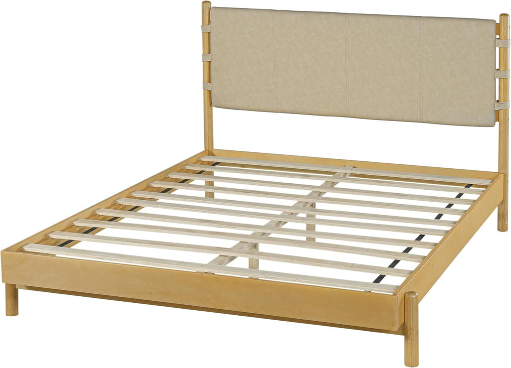 Premium Rubber Wood Platform Bed Frames, Queen Size Bed Frame with Headboard Included, Mid Century Modern Beds, Beige