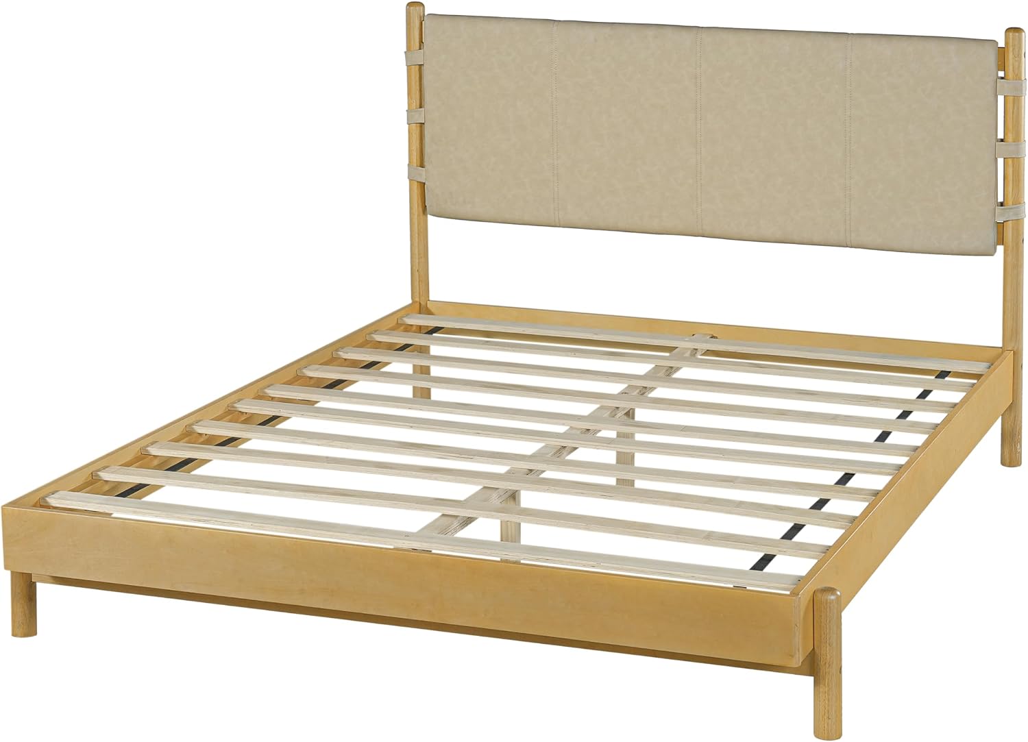 Premium Rubber Wood Platform Bed Frames, Queen Size Bed Frame with Headboard Included, Mid Century Modern Beds, Beige