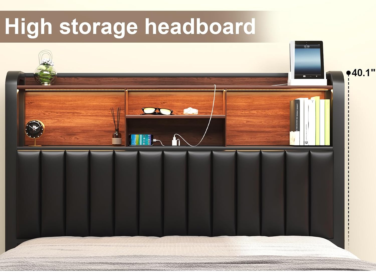 LOEWAY Full Size Bed Frame 54.3' Tall with 3-Tier Storage Headboard and PU Leather, Metal Platform Bed Frame with LED Lights and Charging Station, Noise-Free, No Box Spring Needed, Black