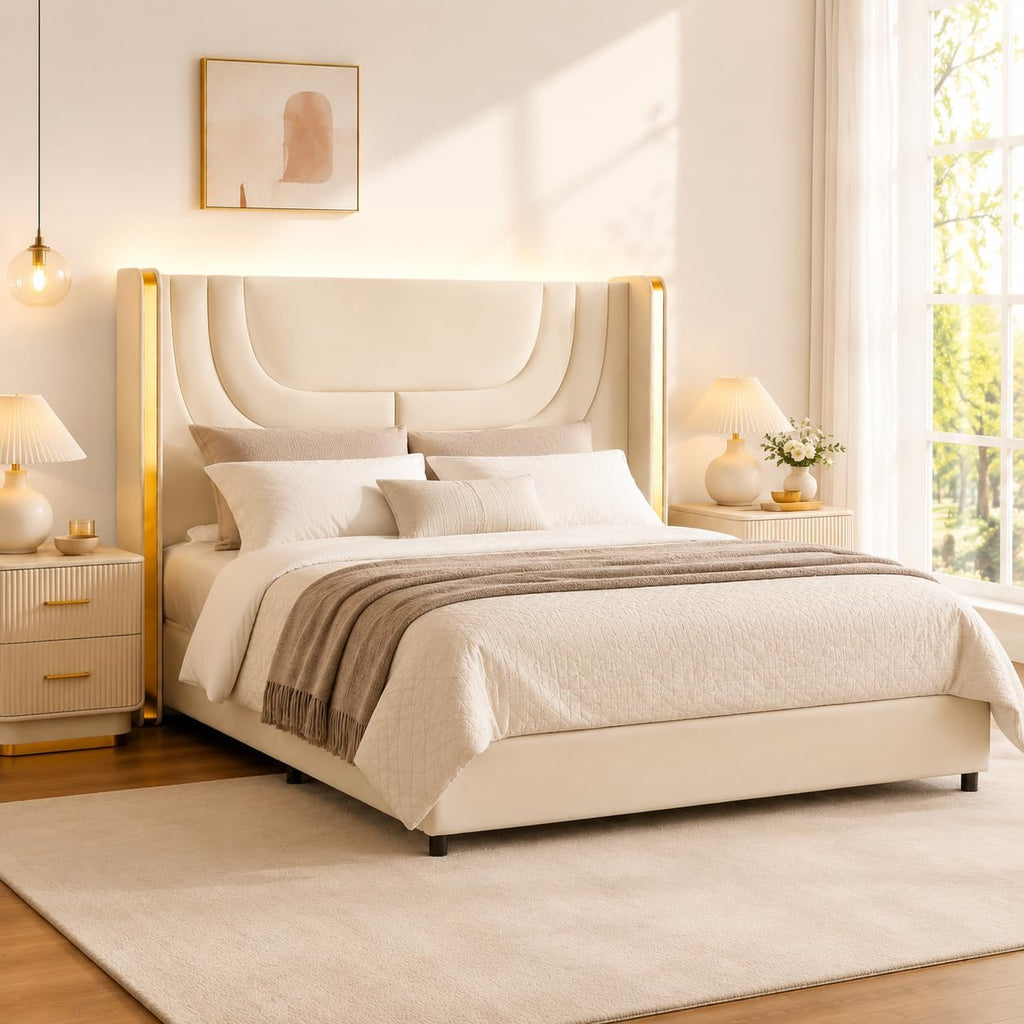 REVOMINCA Full Size Bed Frame with LED Lights, Faux Leather Upholstered Platform with Silver Wingback Headboard, Modern Style, No Box Spring Needed, Easy Assembly, Cream