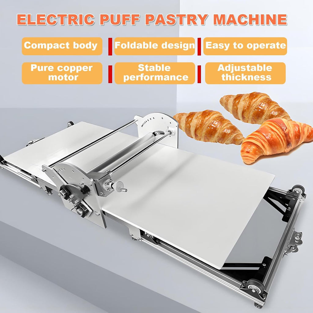 Home Electric Puff Pastry Maker - Stainless Steel, 2-30mm Thickness Adjustment, Foldable Electric Dough Sheeter for Pizza, Croissants, Pastries, and Fudge