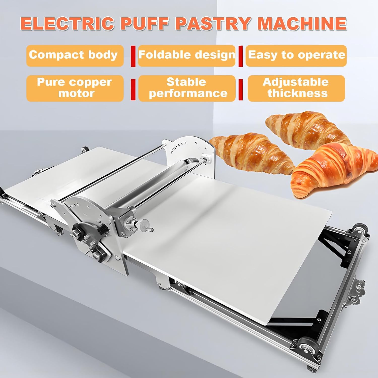 Home Electric Puff Pastry Maker - Stainless Steel, 2-30mm Thickness Adjustment, Foldable Electric Dough Sheeter for Pizza, Croissants, Pastries, and Fudge