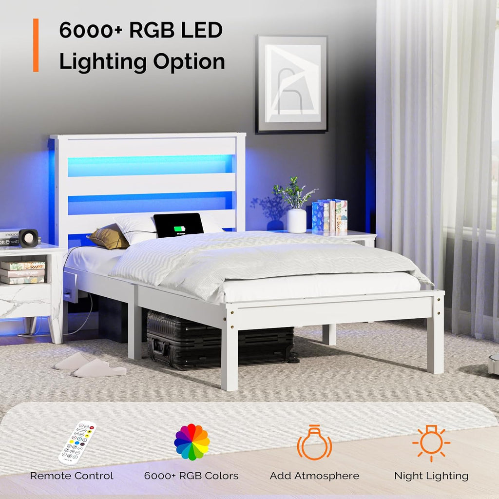 VINGLI LED Twin Bed Frame Set of 2 Solid Wood Platform Single Bed with Headboard Shelf USB Charging Station,Panel Bed, Wood Slat Support Mattress Foundation, White