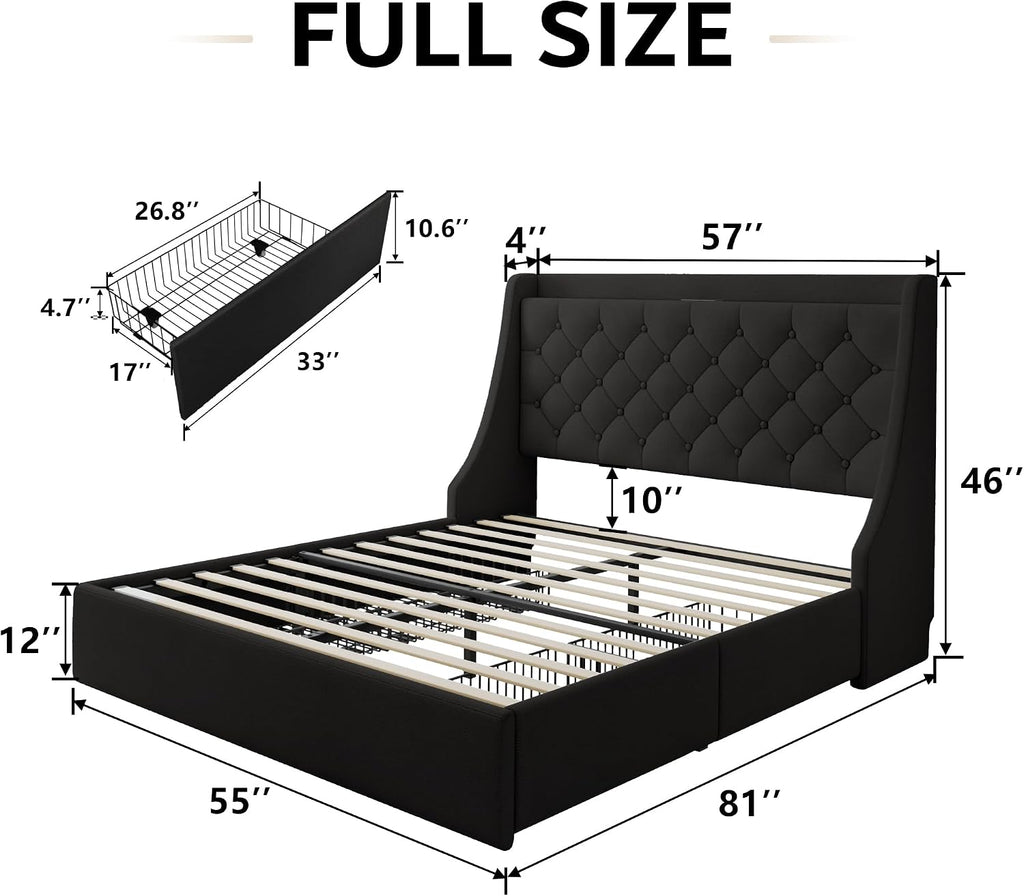 iPormis Full Size Bed Frame with 4 Storage Drawers, Upholstered Platform Bed Frame with Type-C & USB Ports, Wingback Storage Headboard, Solid Wood Slats, No Box Spring Needed, Black
