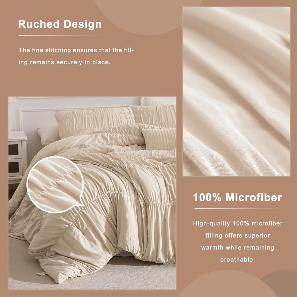 Masaca Oversized King Comforter 128'x120',Ruched Wheat Extra Large King Comforter Set,3 Pieces Lightweight Fluffy Ruffle Comforter Set Shabby Boho Chic Bedding Ultra Soft