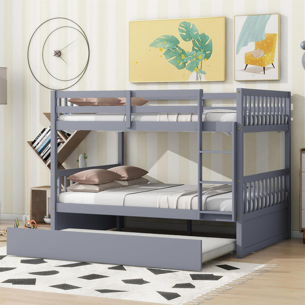 Harper & Bright Designs Full Over Full Bunk Bed with Twin Size Trundle, Separatable 2 Beds in 1, Wooden Bed Frame with Ladder, Grey