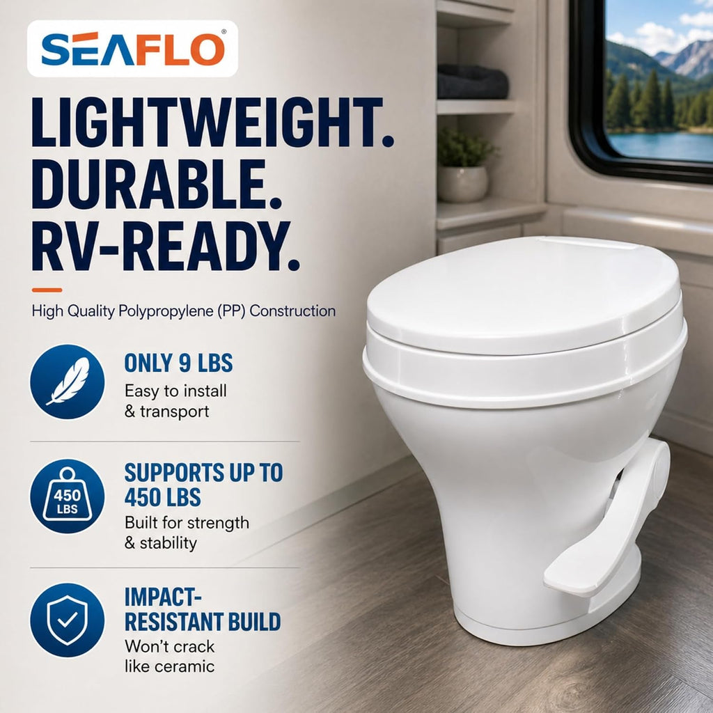 SEAFLO RV Toilet, Residential Height 18.4', Gravity Flush Foot Pedal, Soft Close Seat, Camper Toilet for RV Motorhome Travel Trailer, White, SFRTPH-01-01, 4-Year Warranty