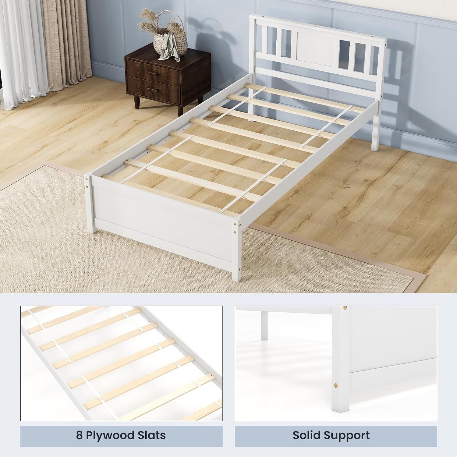 Giantex Wood Twin Bed Frames with Headboard, Mid Century Solid Wood Platform Bed with Wood Slat Support, Single Panel Bed, No Box Spring Needed, Twin Bed Frames for Kids, White