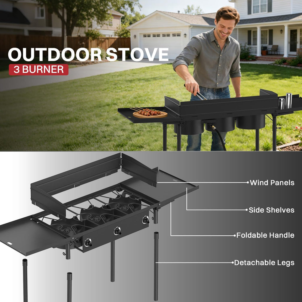 3 Burner Propane Camp Stove | 225,000 BTU Gas Burners | Side Shelves | Windscreen | Waterproof Cover | Detachable Legs | Ideal for Camping Backyard Outdoor Cooking