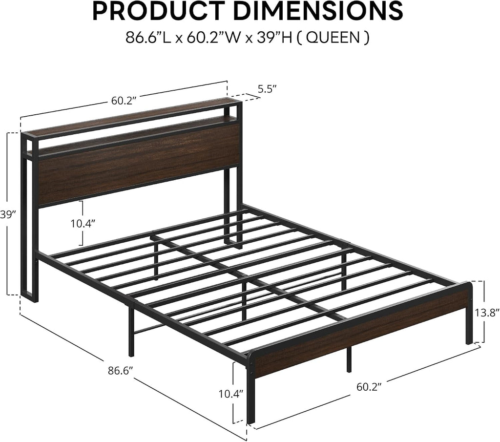 LIKIMIO Queen Bed Frame with Headboard, Dark Wood Camas Queen with Strong Supports, Sturdy, Noise-Free, No Box Spring Needed, Dark Brown