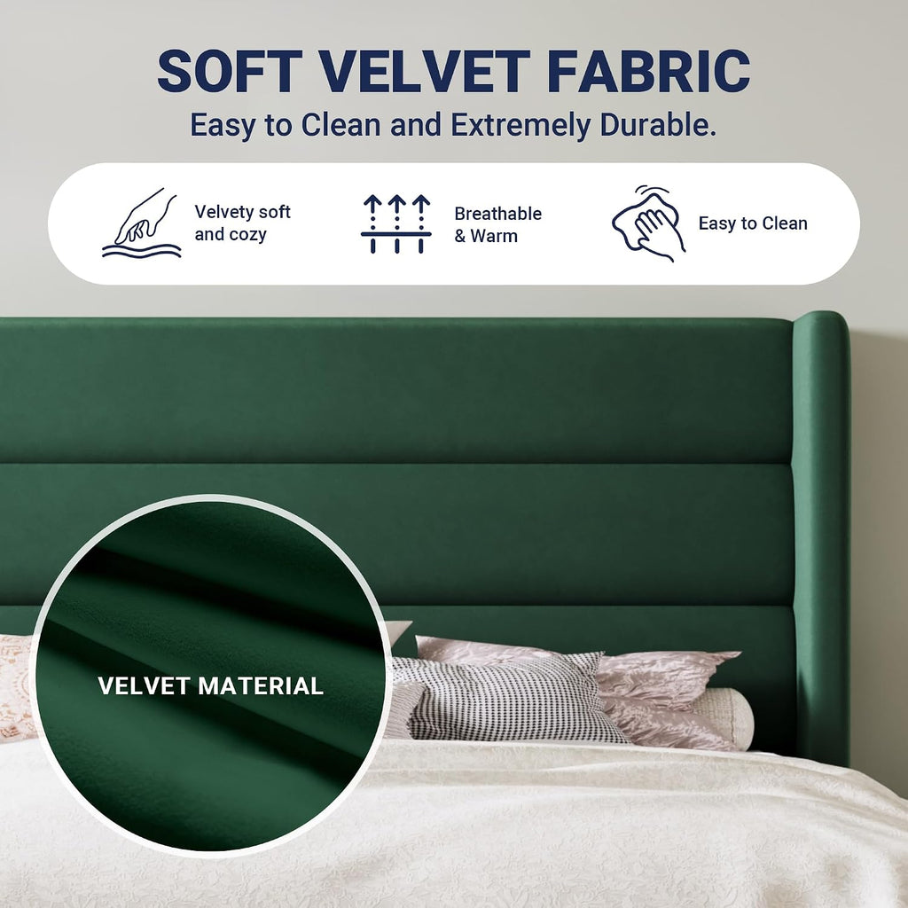 Allewie Queen Size Platform Bed Frame with Velvet Upholstered Wingback Headboard, No Box Spring Needed, Under Bed Storage Space, Strong Wooden Slats, Modern Mattress Foundation, Easy Assembly, Green