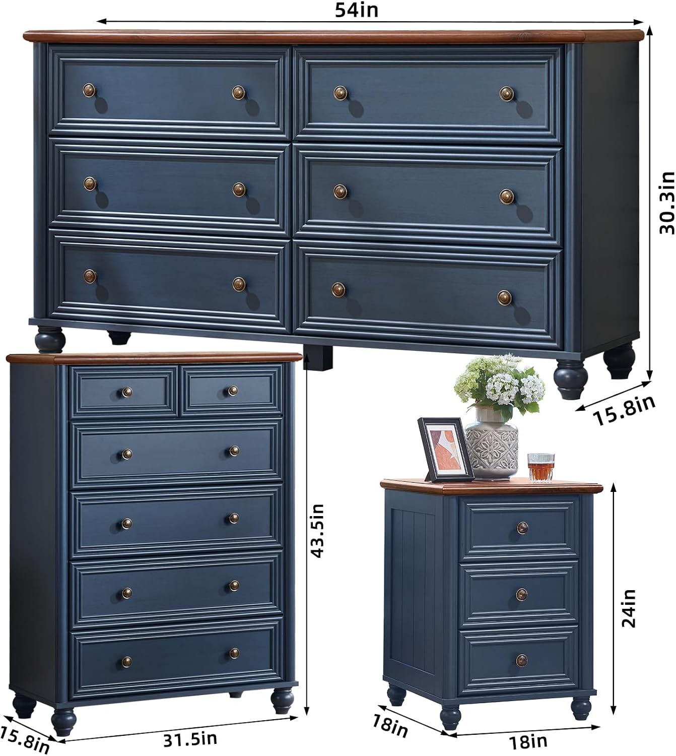 RWYHG Farmhouse Dresser and Nightstand Sets 4 Piece, Wooden 6 Drawers Dresser & 43.5' Tall Chest of Drawers, 18' Roman Column Nightstand Set of 2, Furniture Dressers for Bedroom, Living Room