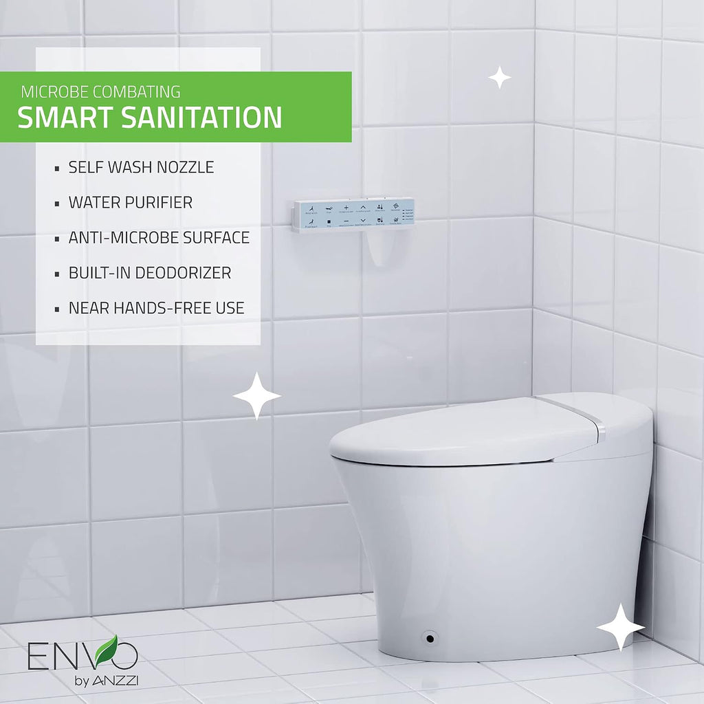 ANZZI One-Piece Smart Bidet Toilet Elongated 1.28 GPF White with Remote Control, Auto Flush, Heated Seat, Warm Water Wash, Dryer and Deodorizer, Foot Sensor Flush Envo Aura Series | TL-STSF851WH