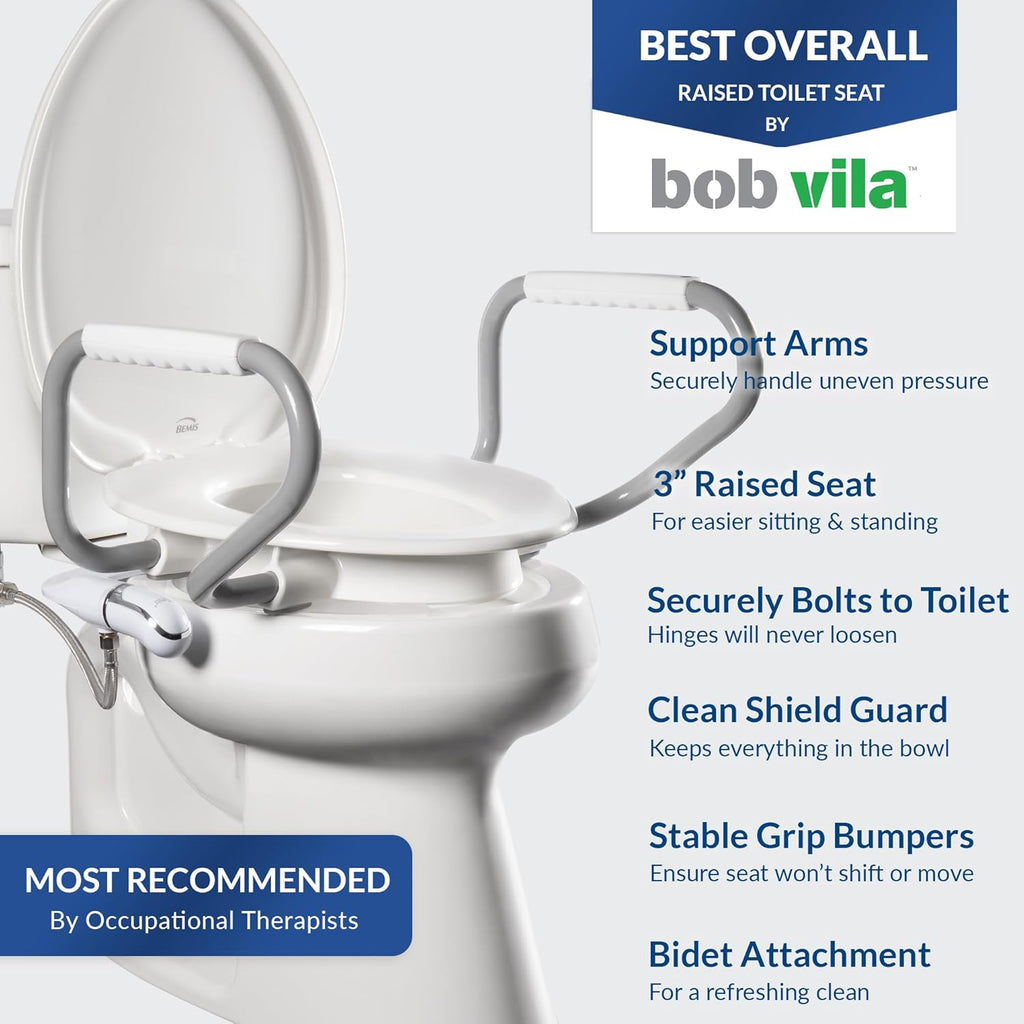 Bemis Assurance 3' Raised Toilet Seat with Handles and Bidet Attachment, Therapist Preferred for Safety, Secure Hinges, Clean Shield Guard, Round, White