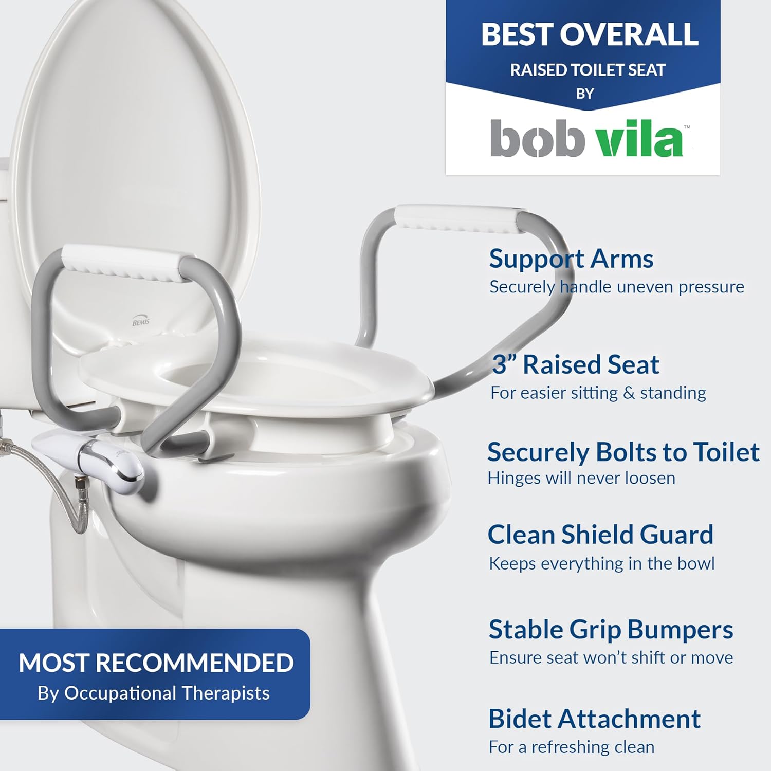 Bemis Assurance 3' Raised Toilet Seat with Handles and Bidet Attachment, Therapist Preferred for Safety, Secure Hinges, Clean Shield Guard, Elongated, White