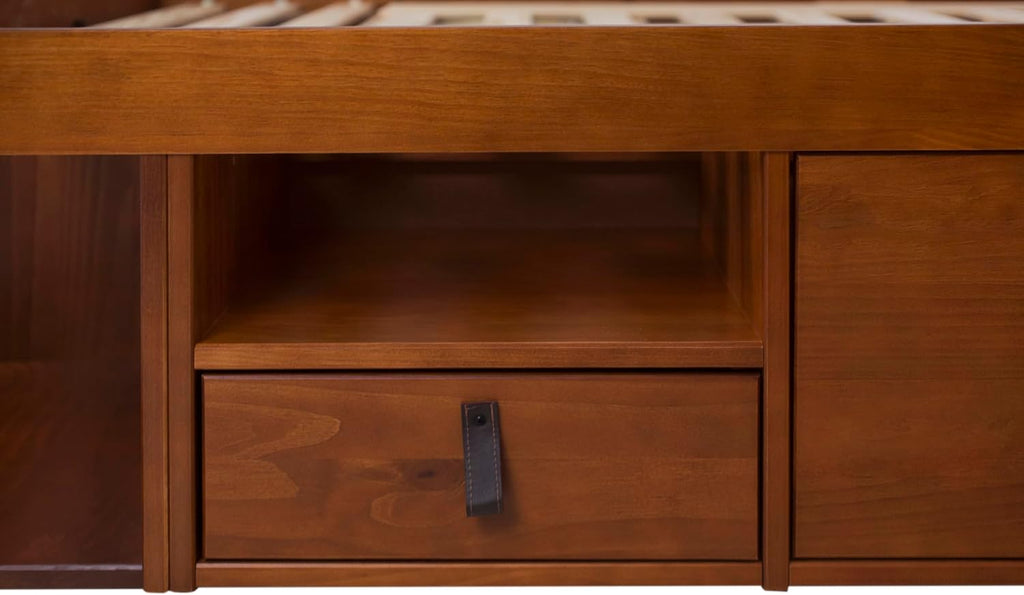 memomad Bali Set: Storage Platform Bed with Drawers + Bookcase Headboard (Twin Size, Caramel Brown Wood)