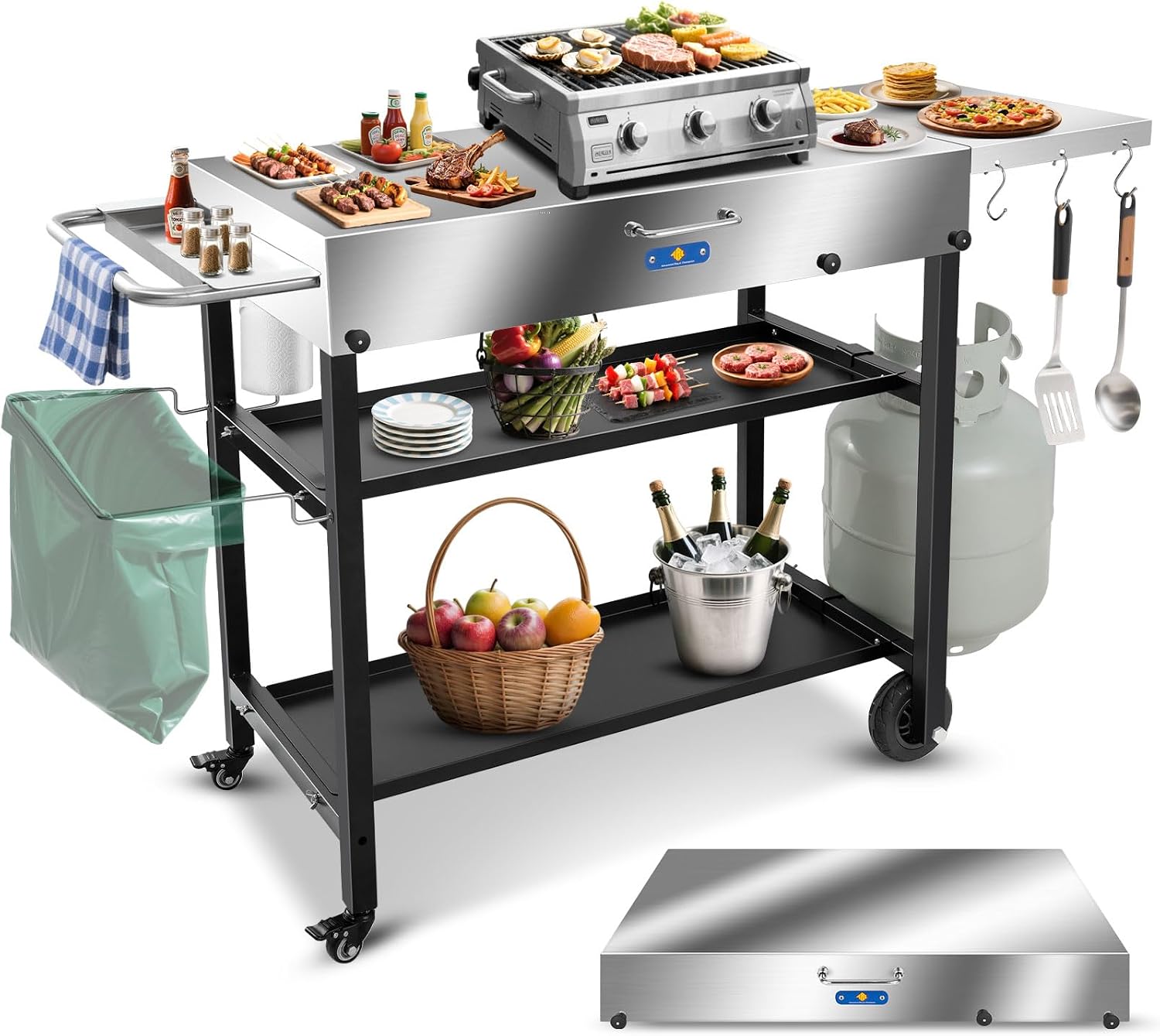ARC Advanced Royal Champion 43' W x 17' D Stainless Steel Grill Cart Table,Blackstone Griddle Stand,440lbs Grill Table Pizza Oven Stand with Wheels for Ninja Woodfire Grill
