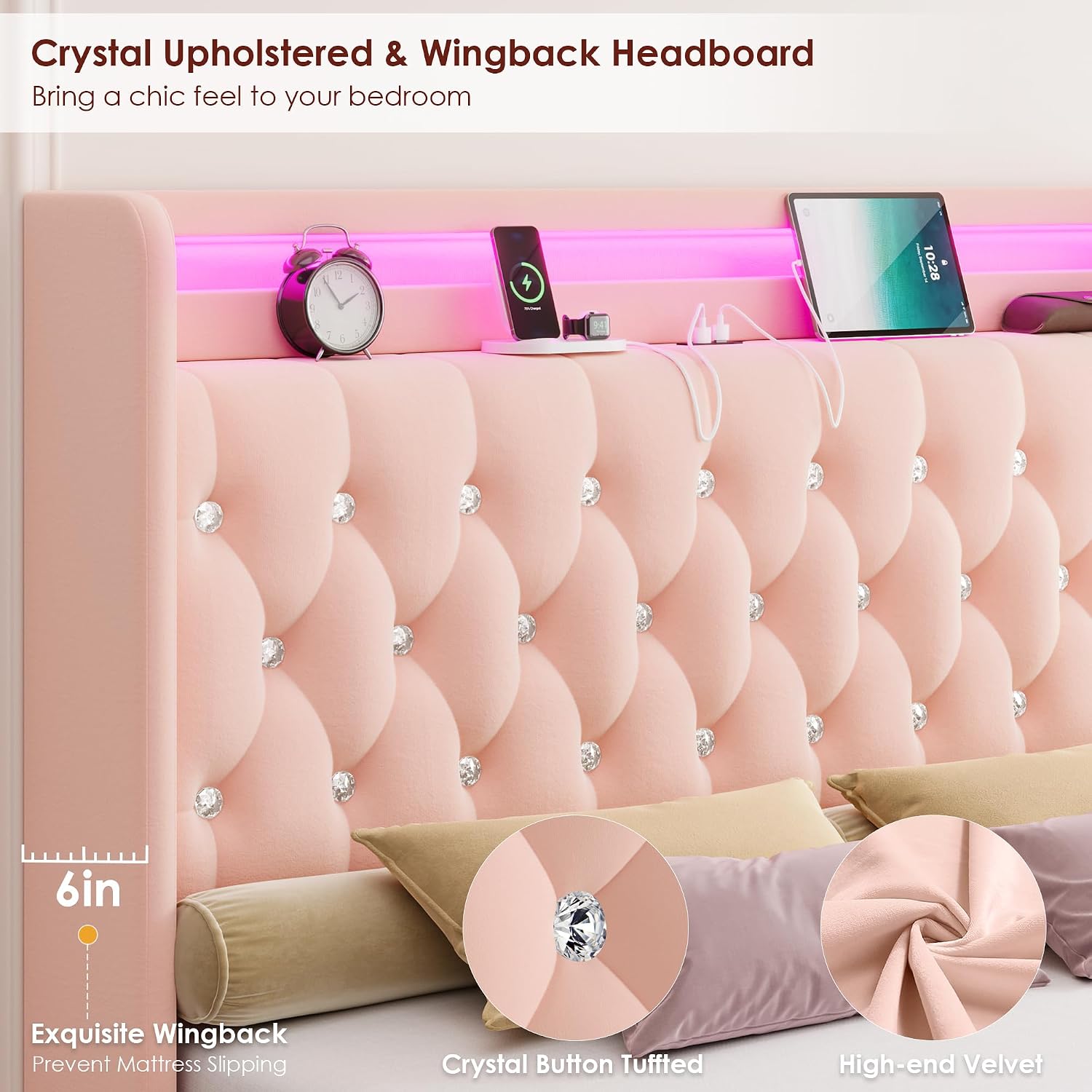 HIFIT Upholstered Full Size LED Bed Frame with Charging Station & 4 Storage Drawers, Velvet Crystal Button-Tufted Wingback Headboard, Princess Platform Bed Frames for Girls, No Box Spring Needed, Pink