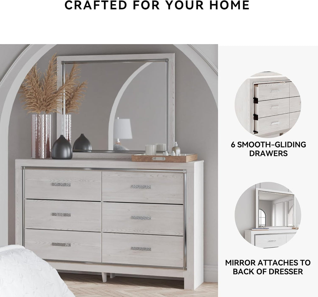 Signature Design by Ashley Altyra Modern Smooth-Gliding 6-Drawer Dresser and Mirror with Safety Stop, White