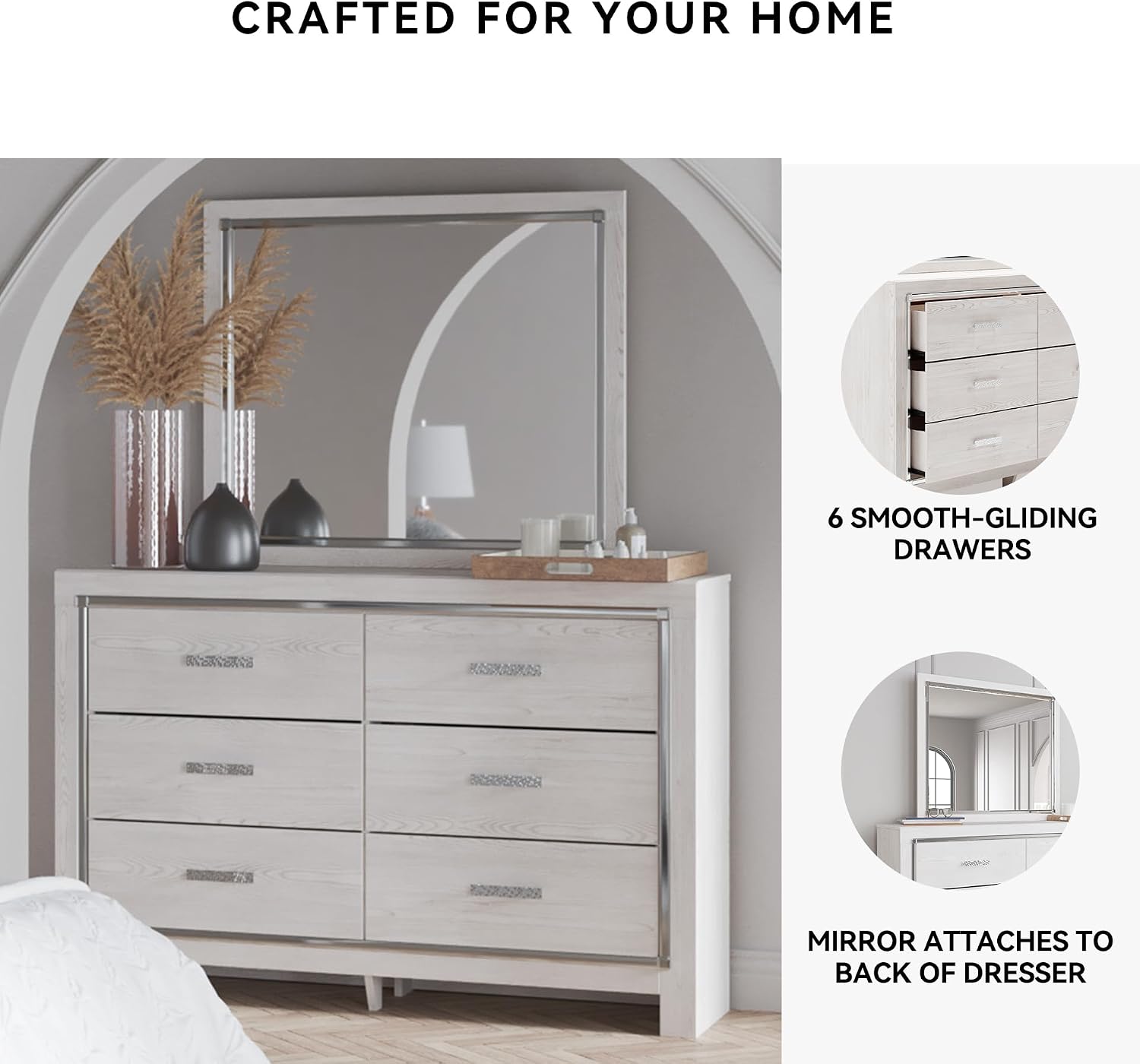 Signature Design by Ashley Altyra Modern Smooth-Gliding 6-Drawer Dresser and Mirror with Safety Stop, White
