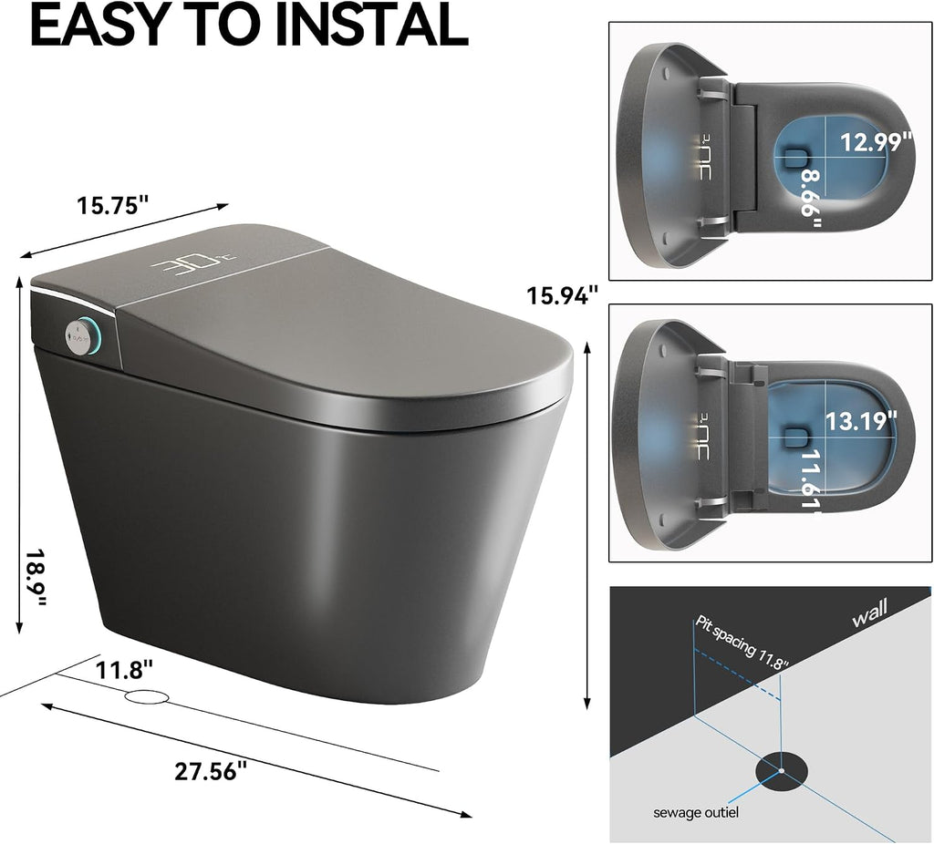 KEIKI Smart Ceramic Toilet with Warm Water Sprayer and Dryer, One Piece Bidet Toilet with Auto Dual Flush Foot Sensor Operation, Heated Seat, Auto Open/Close Seat, for Bathroom, Grey
