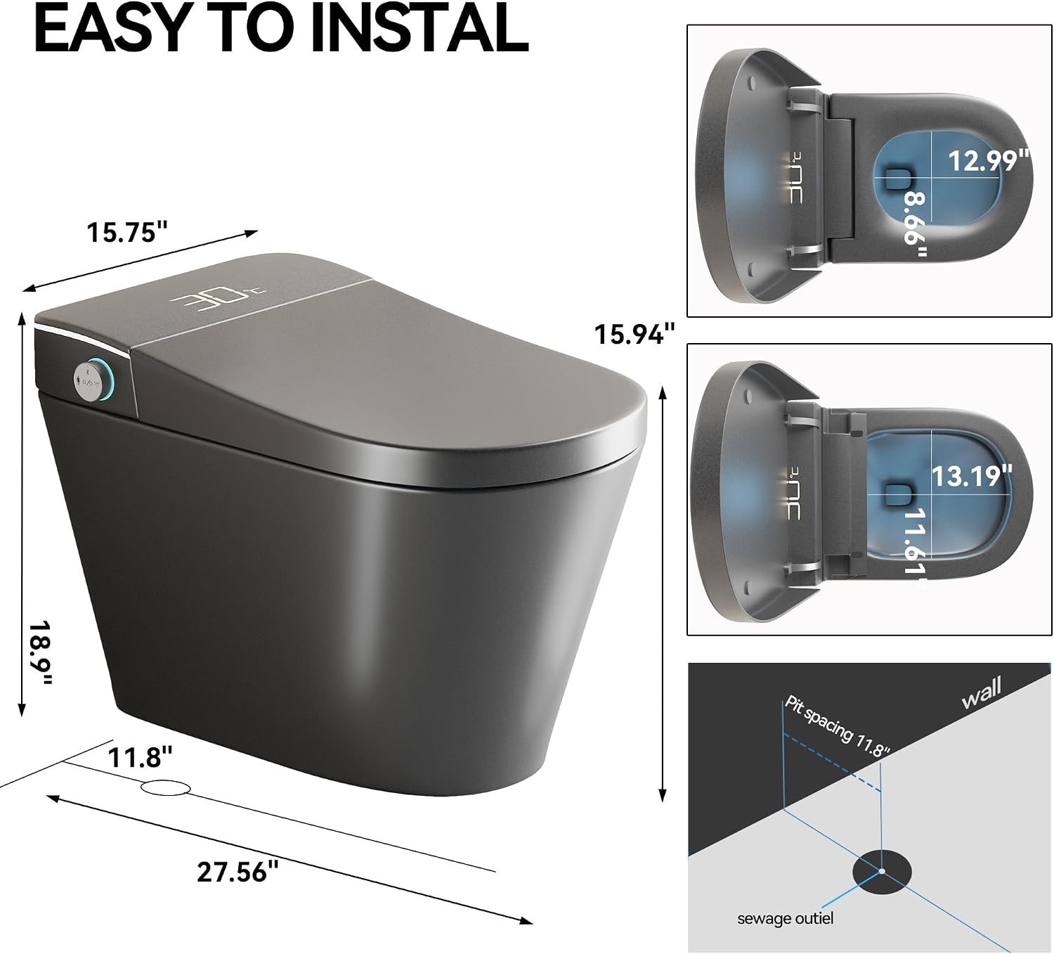 KEIKI Smart Ceramic Toilet with Warm Water Sprayer and Dryer, One Piece Bidet Toilet with Auto Dual Flush Foot Sensor Operation, Heated Seat, Auto Open/Close Seat, for Bathroom, Grey