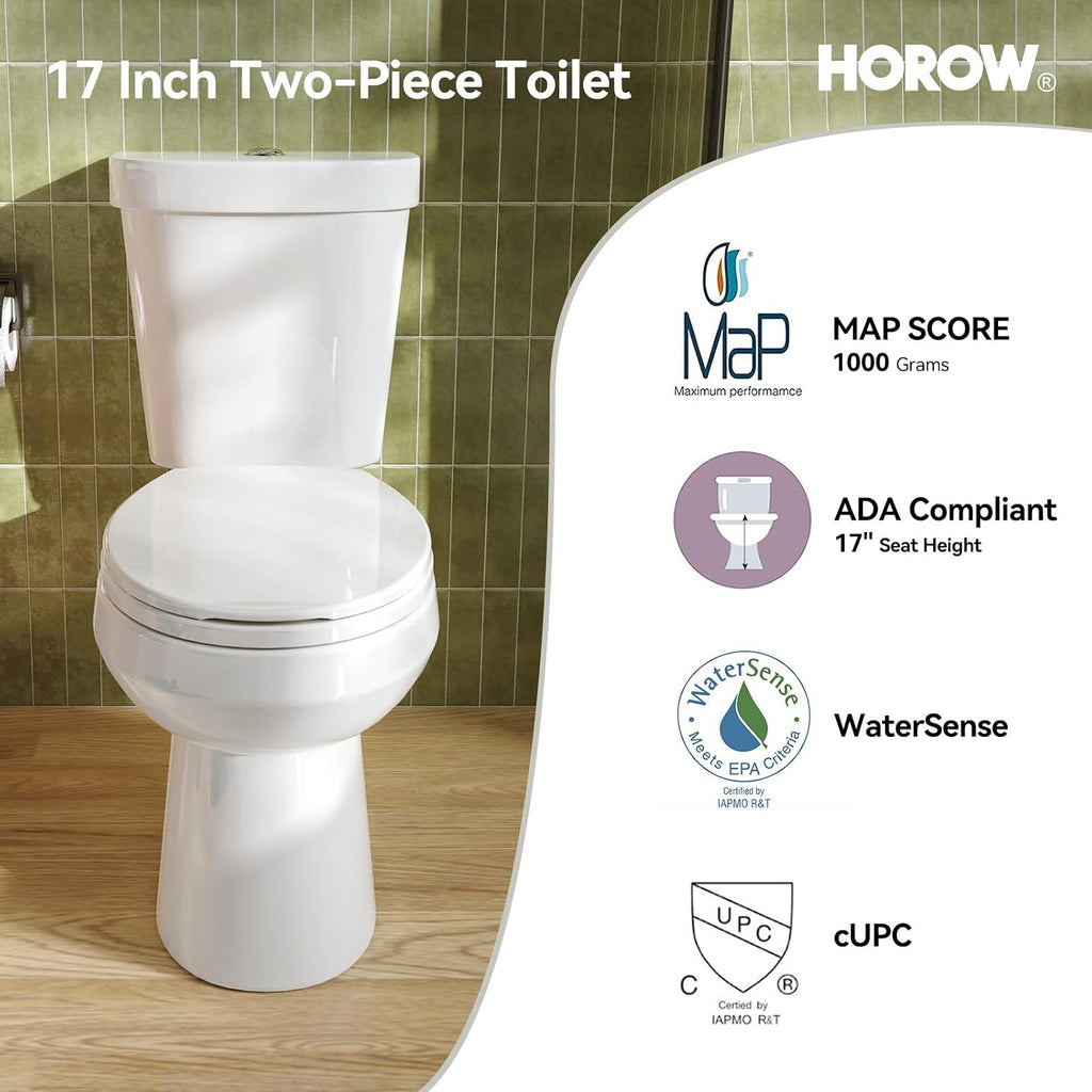HOROW 17 Inch High Round Toilet with ADA Chair Height, Two Piece Toilet with 1.1/1.6 GPF Dual Flush, MAP 1000g, Extra Tall Bowl for Tall Person & Seniors, HR-R17D