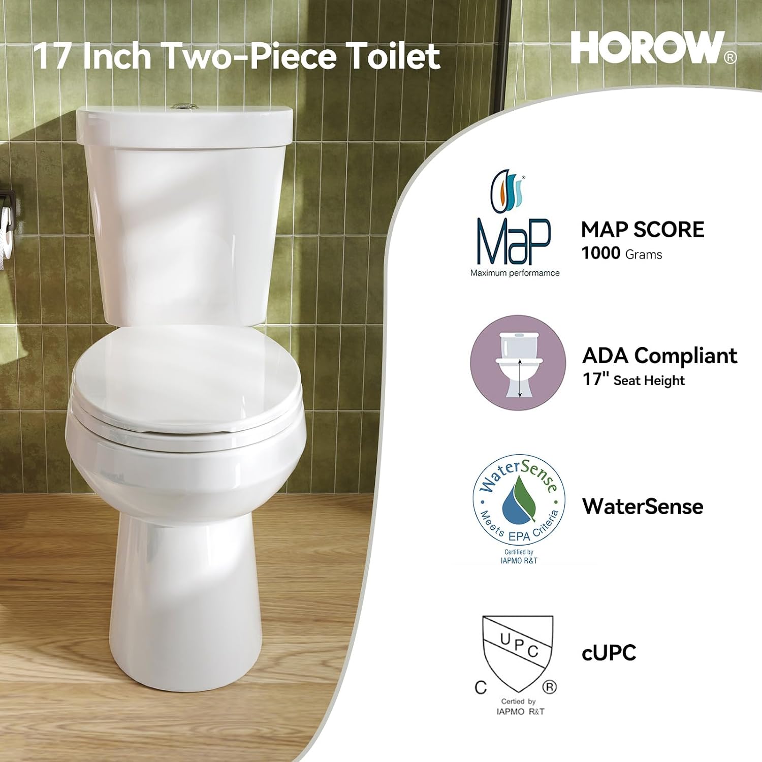 HOROW 17 Inch High Round Toilet with ADA Chair Height, Two Piece Toilet with 1.1/1.6 GPF Dual Flush, MAP 1000g, Extra Tall Bowl for Tall Person & Seniors, HR-R17D