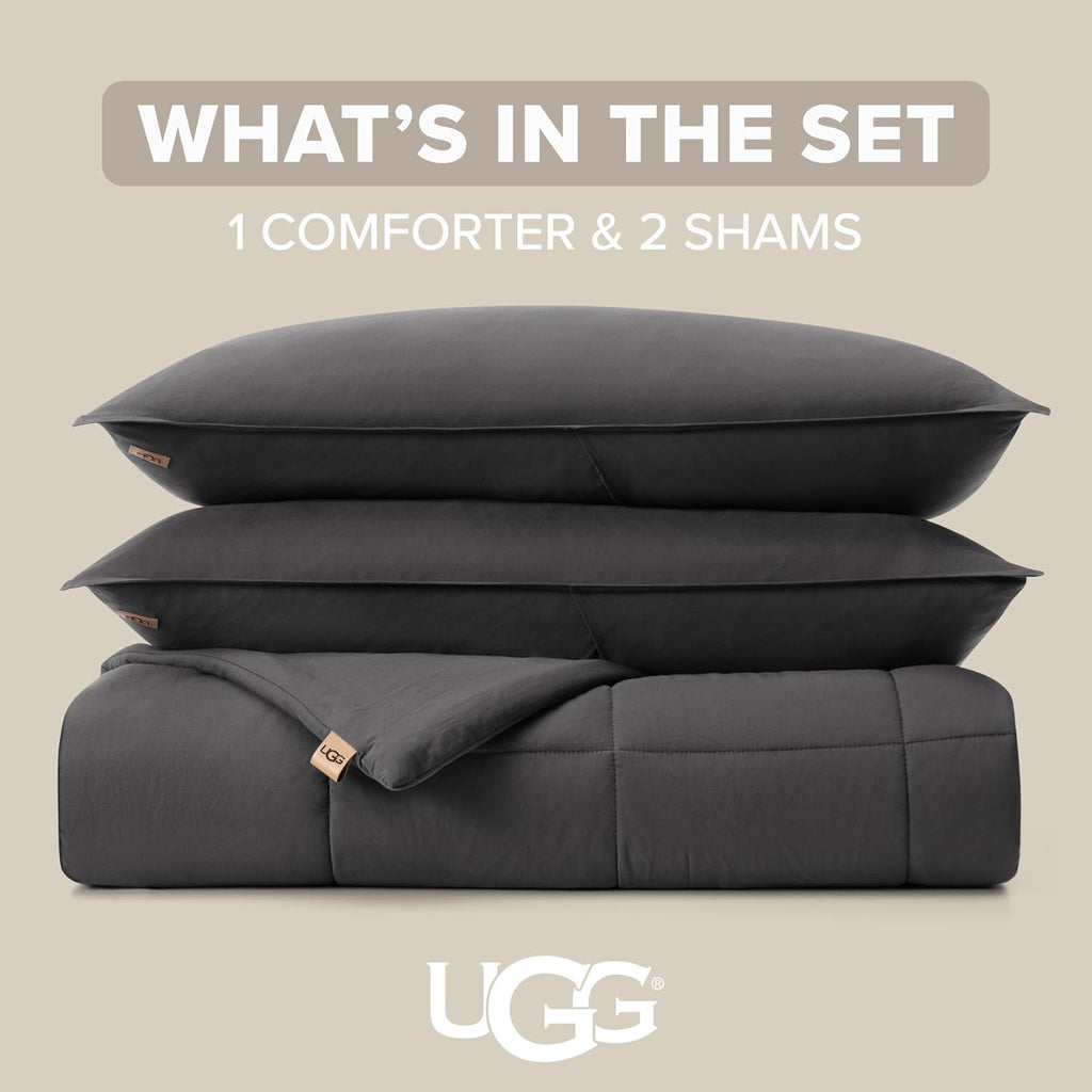 UGG Leonora Comforter Set with 2 Pillow Shams Lightweight Down Alternative Blanket Reversible Cozy Warm All Season Washable and Hypoallergenic Bedding Set, King, Charcoal Grey