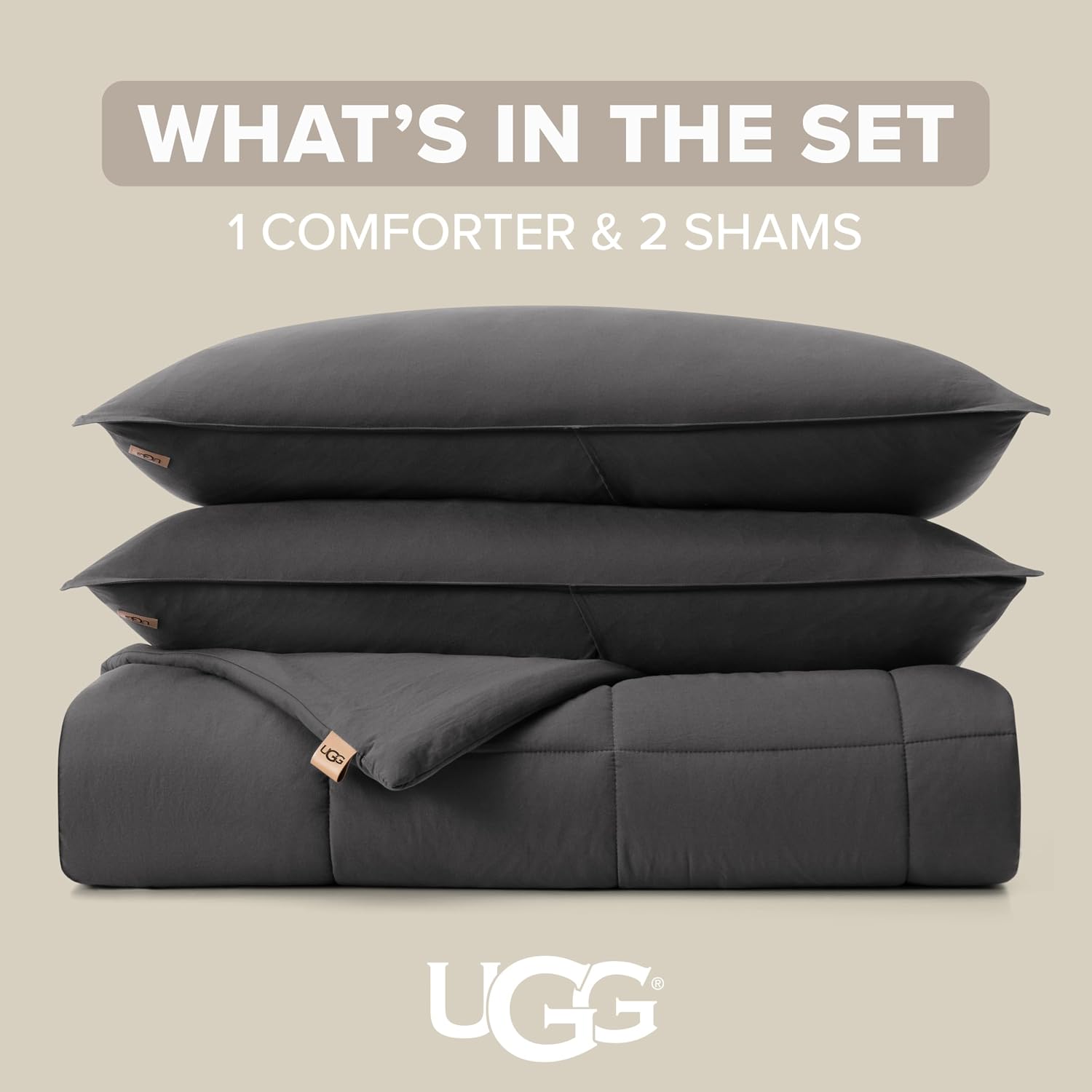 UGG Leonora Comforter Set with 2 Pillow Shams Lightweight Down Alternative Blanket Reversible Cozy Warm All Season Washable and Hypoallergenic Bedding Set, King, Charcoal Grey