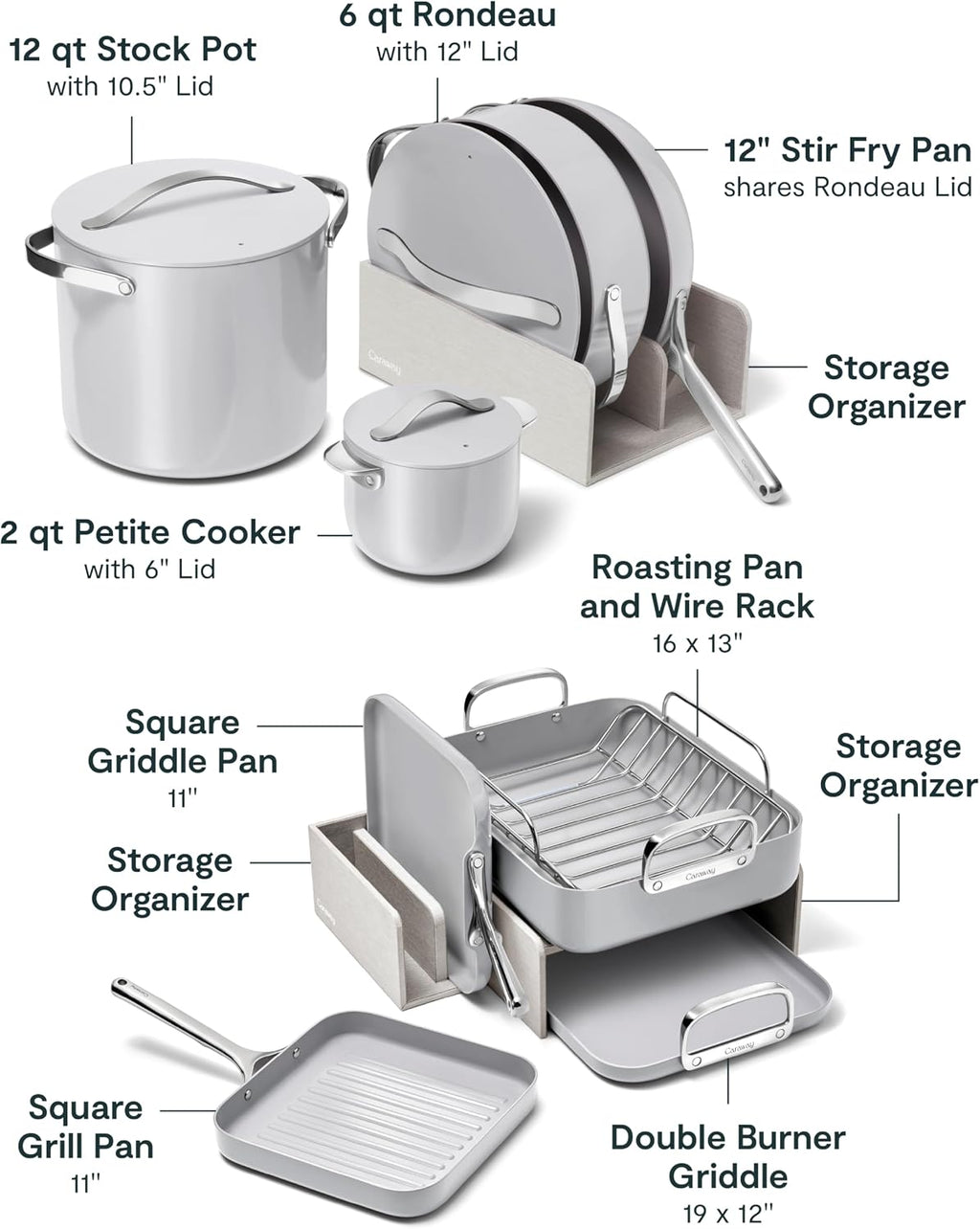 Caraway 31-Piece Ceramic Cookware Bundle - Fry Pans, Saucepans, Sauté Pan, Dutch Oven, Petite Cooker, Stir Fry, Rondeau, Stock Pot, Grill & Griddle Pans, Roasting Pan, Racks, Organizers - Gray