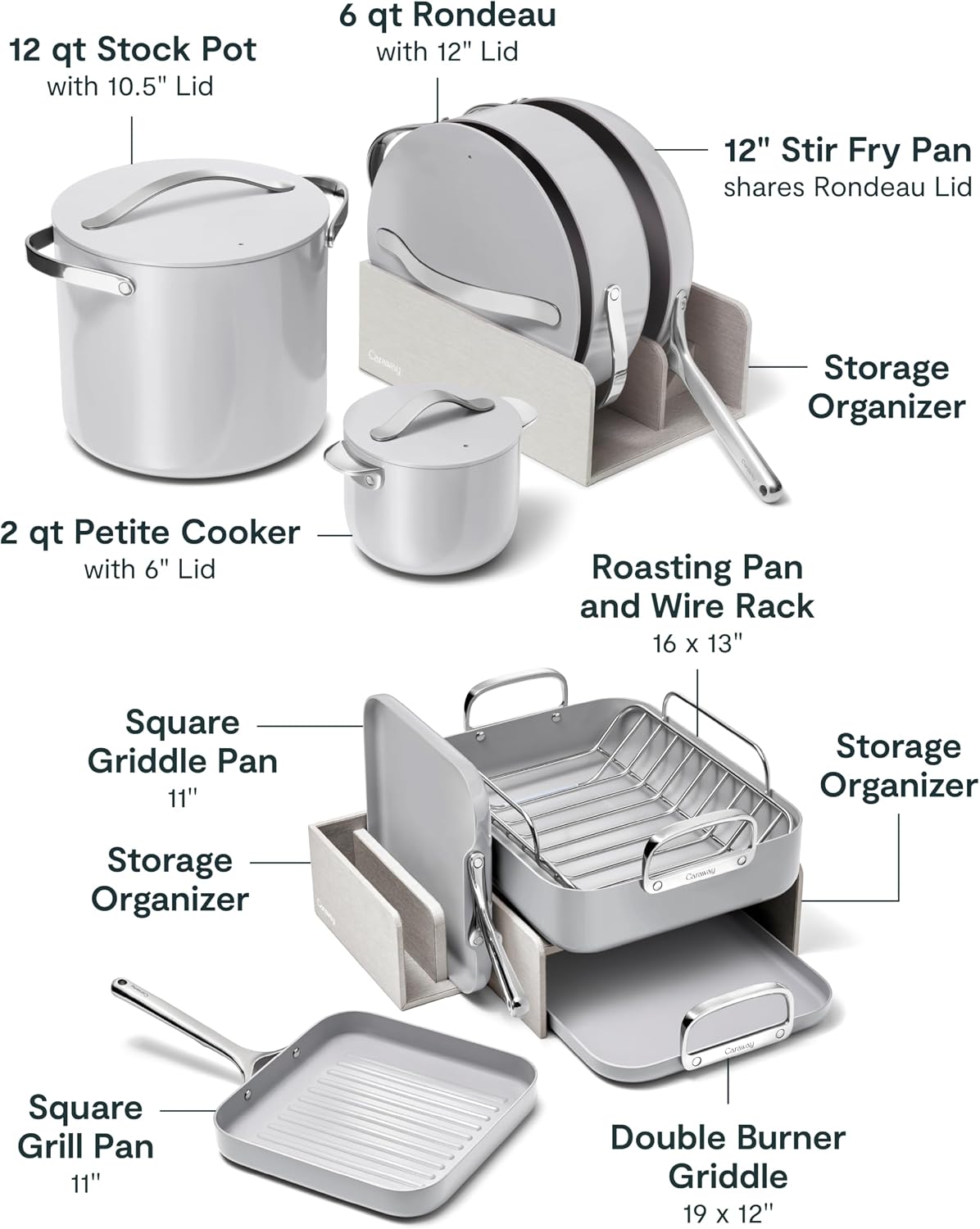 Caraway 31-Piece Ceramic Cookware Bundle - Fry Pans, Saucepans, Sauté Pan, Dutch Oven, Petite Cooker, Stir Fry, Rondeau, Stock Pot, Grill & Griddle Pans, Roasting Pan, Racks, Organizers - Gray