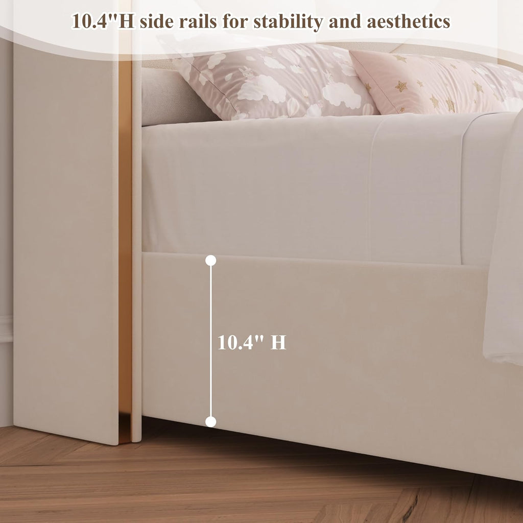 HITHOS 2 Set Twin Upholstered LED Bed Frame with Storage Drawer, Velvet Kids Bed with Headboard, Princess Twin Platform Bed for Girls/Kids, Solid Wood Slats Support, No Box Spring Needed (Beige)
