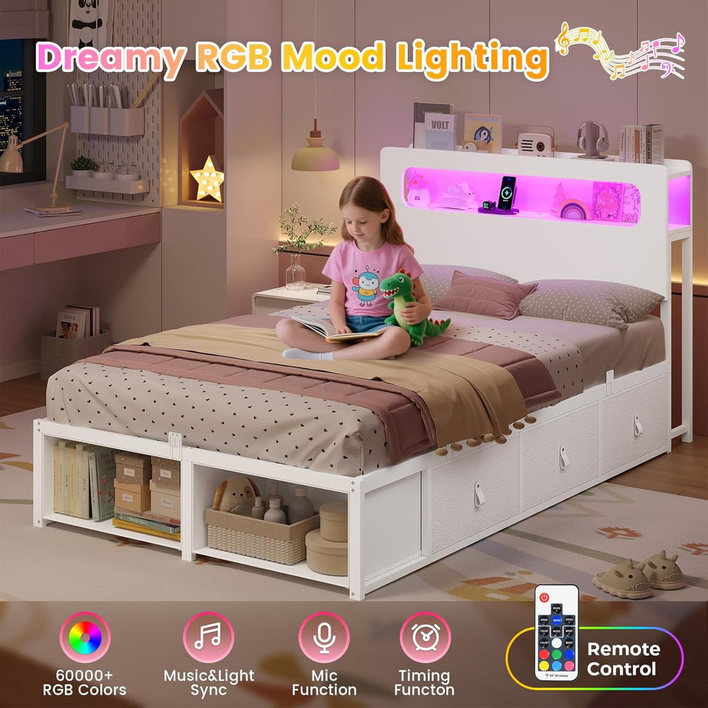 ADORNEVE Twin Bed Frame with 6 Storage Drawers & 2-Tier LED Headboard – Kids Girls Bed with Power Outlets & RGB Lights, 2 Footboard Cubbies– Space-Saving No Box Spring Needed, White
