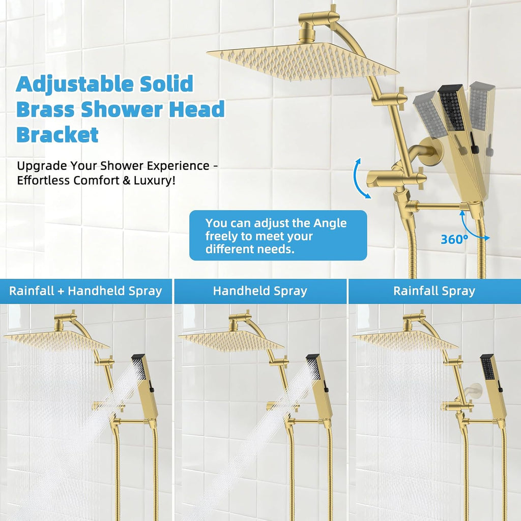 Hibbent All Metal CUPC Certified 10'' Rain Shower Head, Dual Shower Head Combo, High Pressure Handheld 4 Sprays Shower Wand, 16'' Adjustable Extension Arm, 71'' Hose, Shower Holder, Brushed Gold