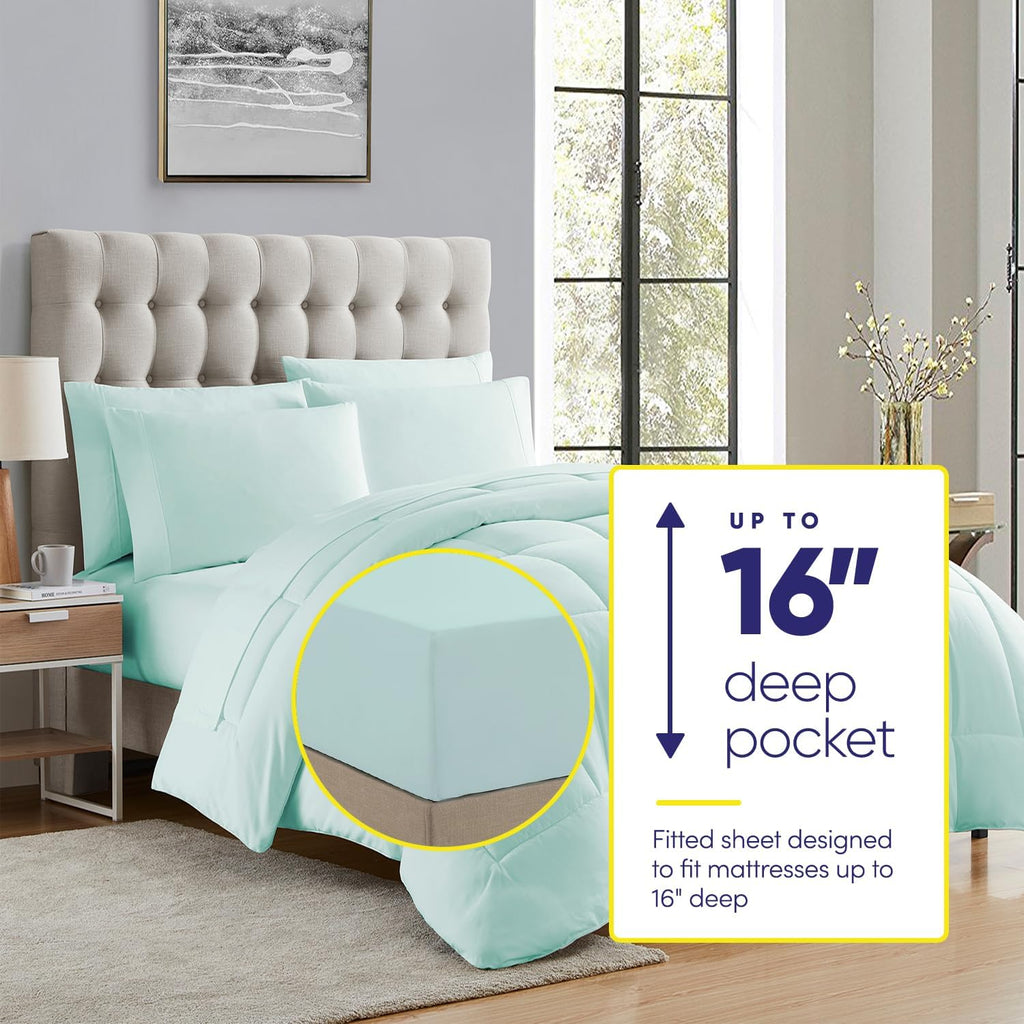 Sweet Home Collection 7 Piece Comforter Set Bag Solid Color All Season Soft Down Alternative Blanket & Luxurious Microfiber Bed Sheets, Aqua, Twin (Pack of 4)
