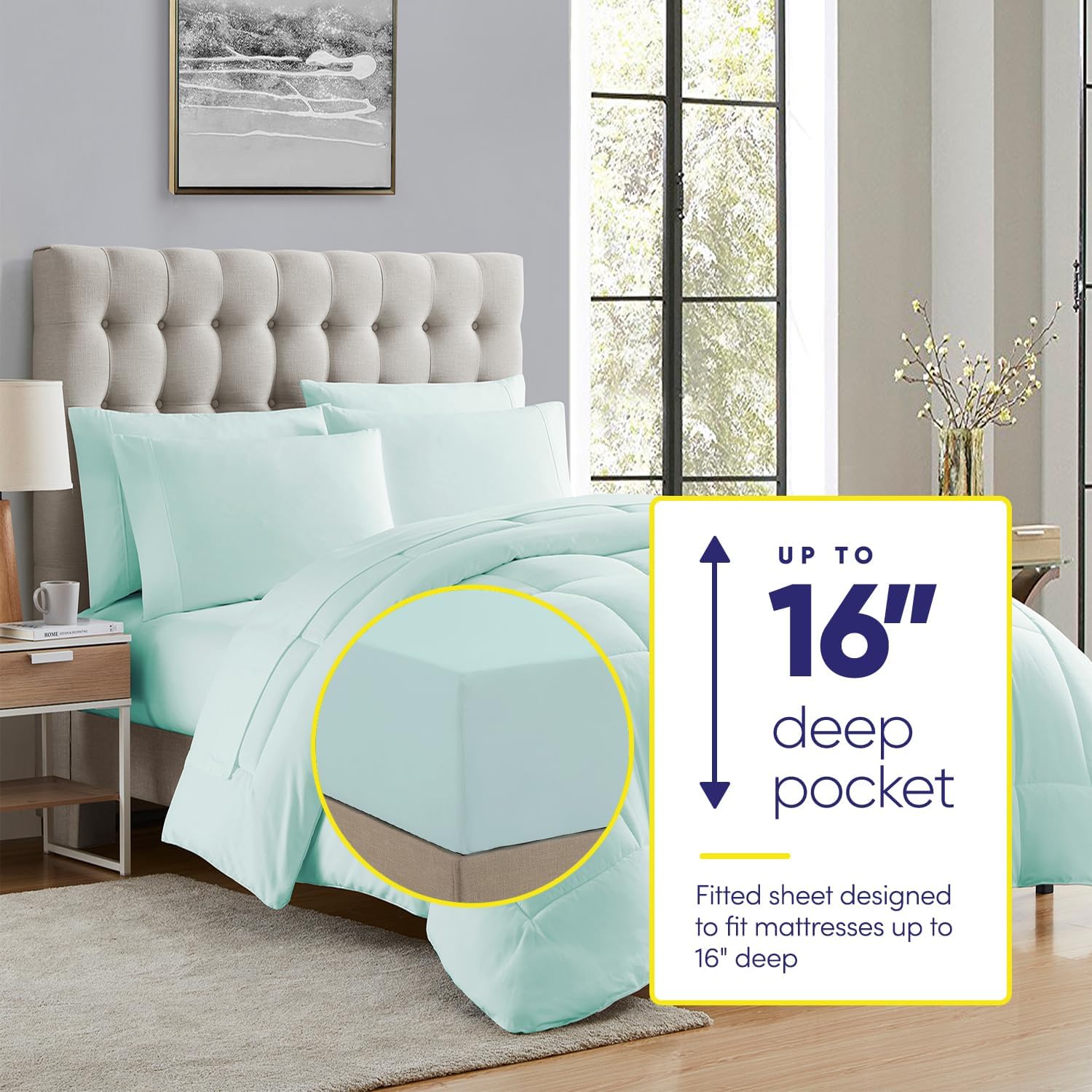 Sweet Home Collection 7 Piece Comforter Set Bag Solid Color All Season Soft Down Alternative Blanket & Luxurious Microfiber Bed Sheets, Aqua, Twin (Pack of 4)