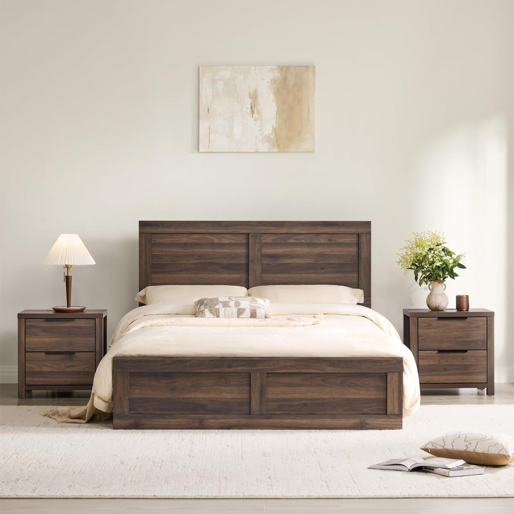 KISLOT 3 Pieces Bedroom Set, Full Size Wood Platform Bed Frame and 2 Nightstands, Storage Nightstand with Type-C Charging Port, Farmhouse Bedroom Furniture Set