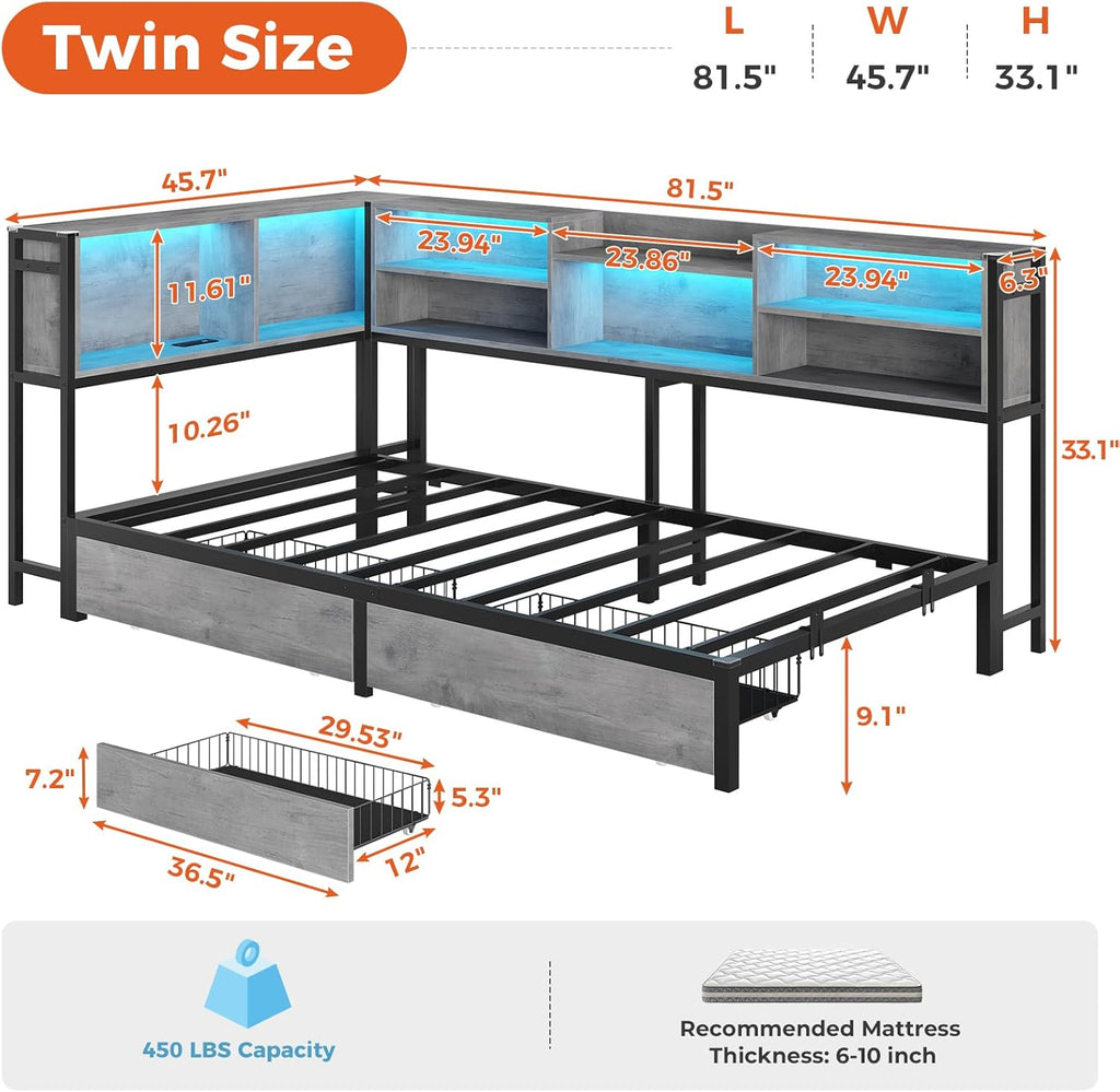DICTAC Corner Twin Bed Frame with Bookcase Storage Headboard and Led Lights,Twin Size Metal Platform Corner Bed Frames with 2 Drawers and Charging Station,Twin Daybed for Kids and Teens,Oak Gray